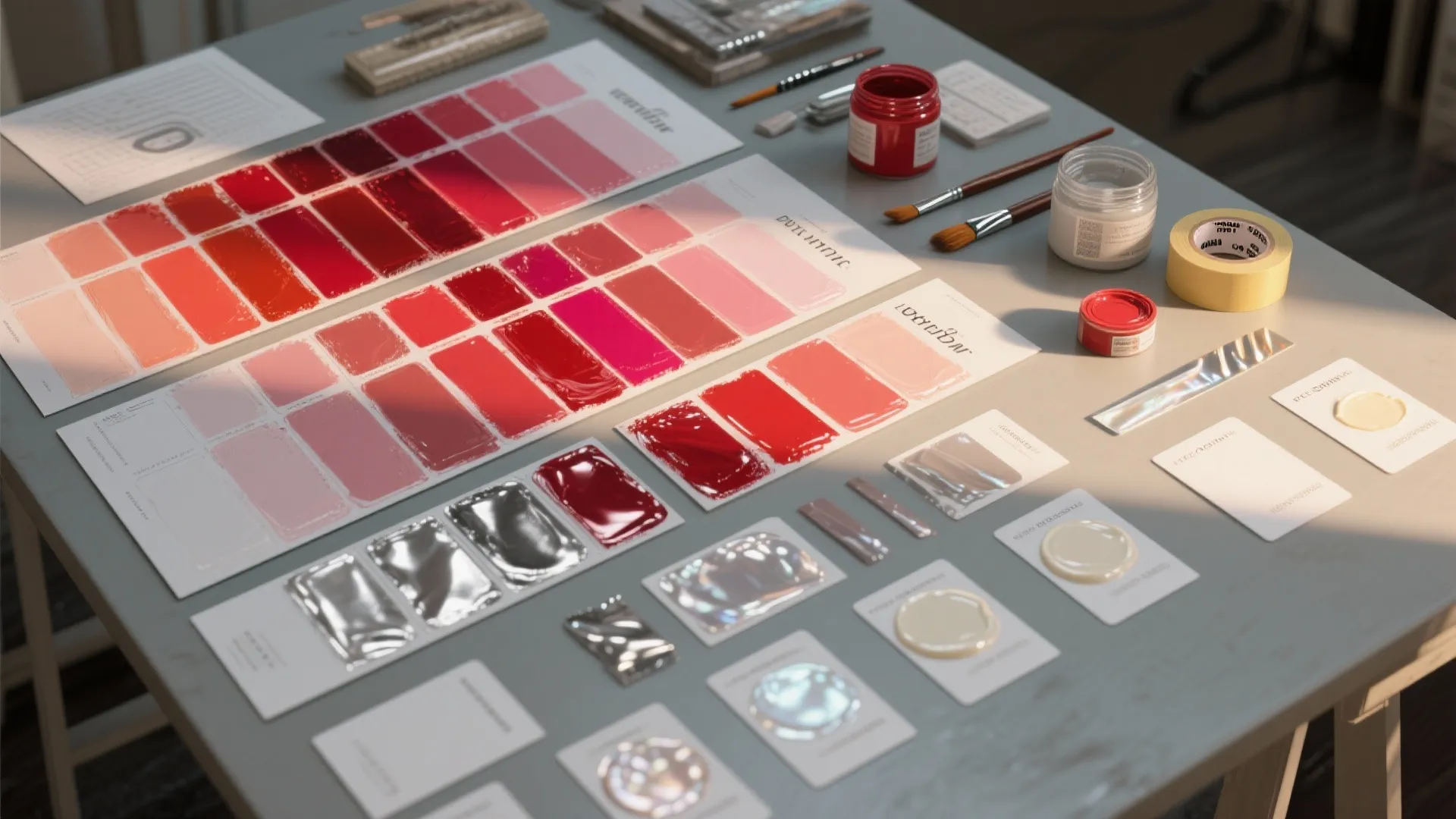 Top-down flatlay of large painted swatches showing candy-apple red, metallic and pearlescent samples with tools for sheen testing.