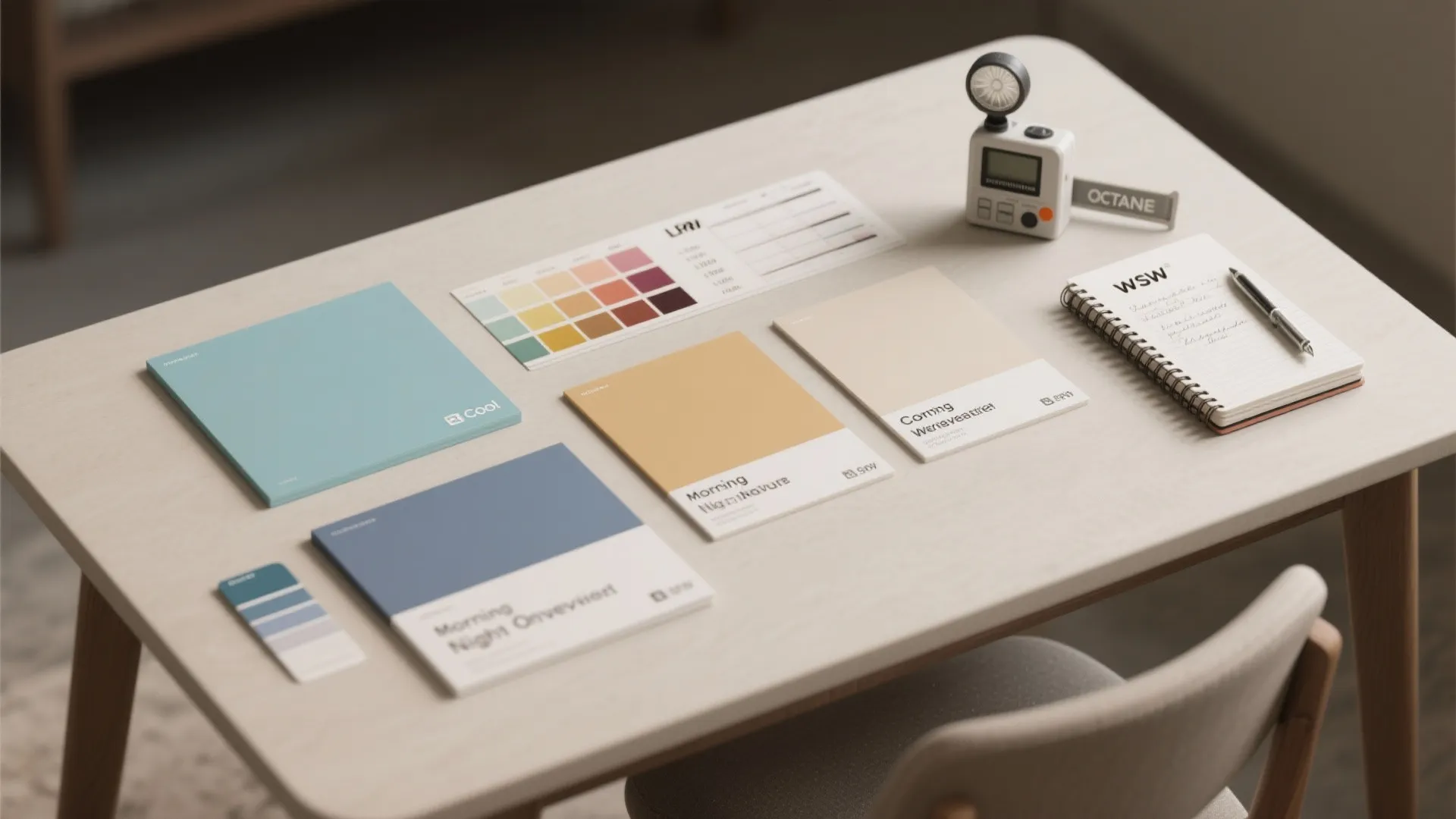 Flatlay of paint swatches, LRV chart and notes for testing whites at different times.