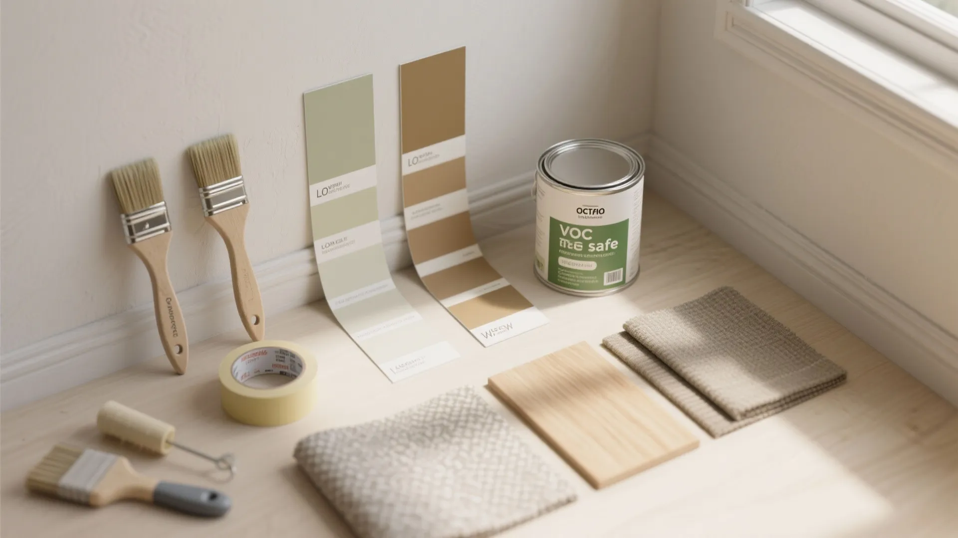 Home painting tools including paint can color swatches brushes tape and wood floor samples collection