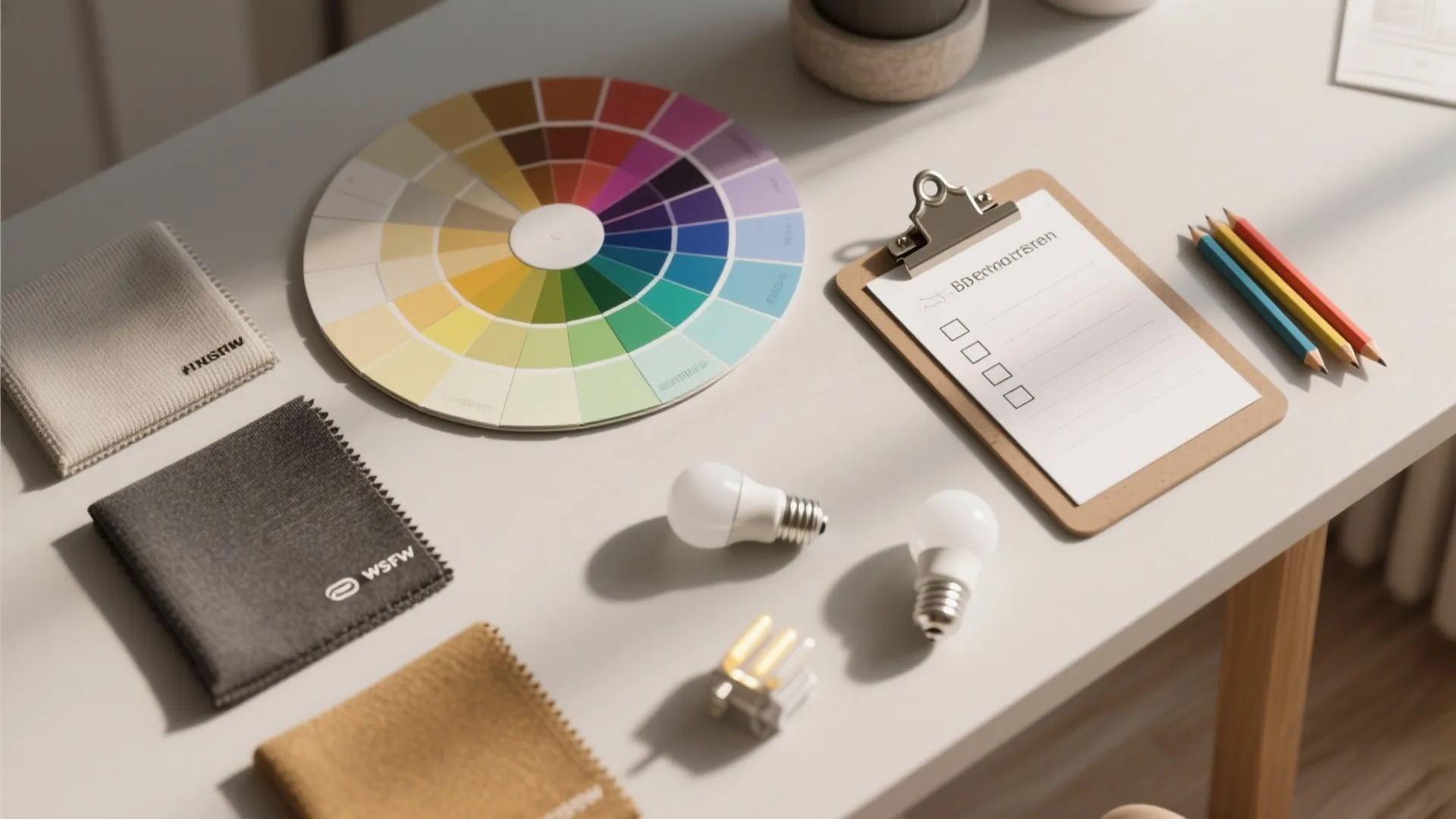 Desk with color wheel fabric swatches light bulbs pencils and a clipboard for interior design