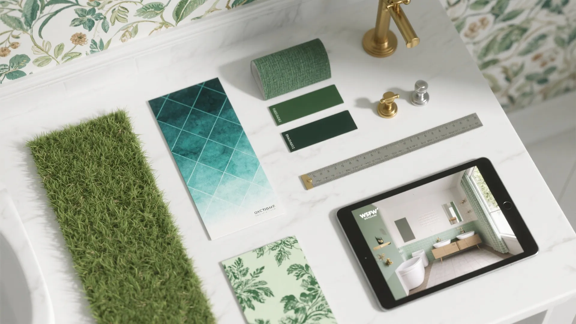Interior design flat lay with green fabric samples tile swatches ruler and tablet showing bathroom