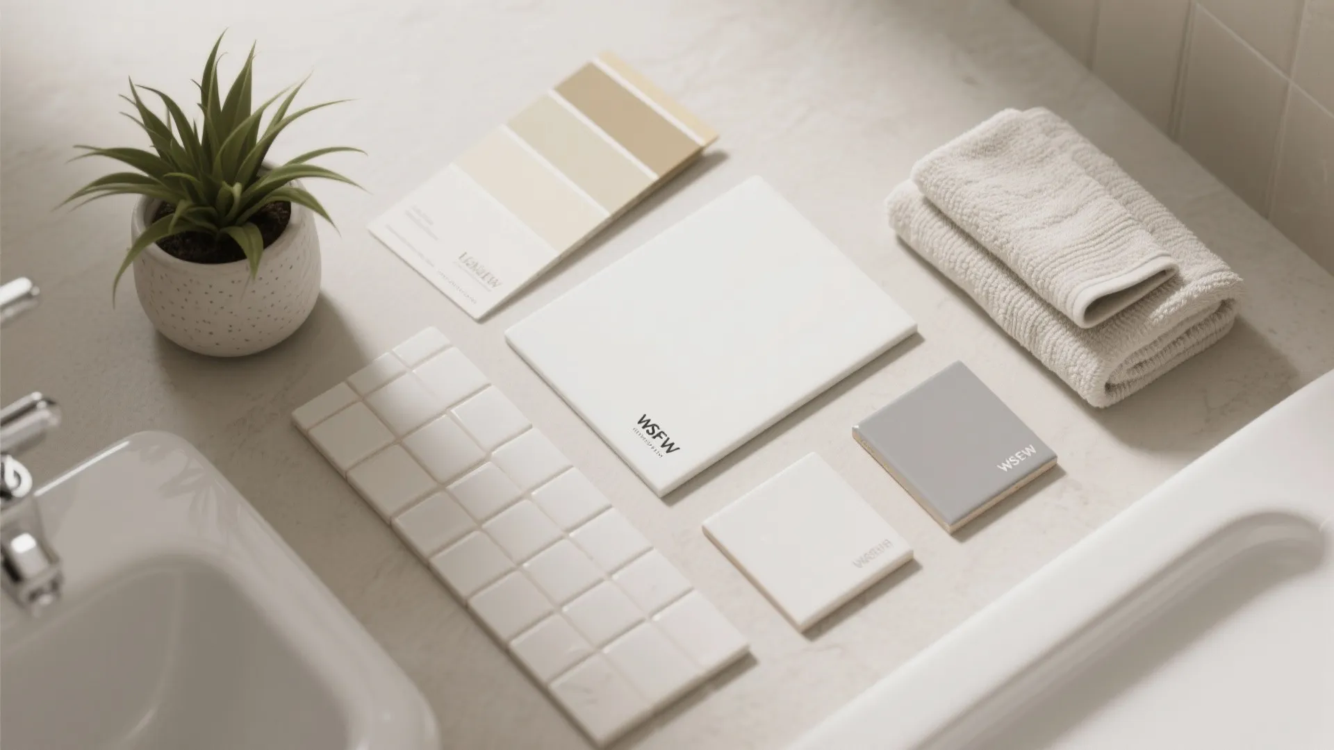 Flatlay of paint swatches, tile samples and towels for bathroom mockup and testing whites