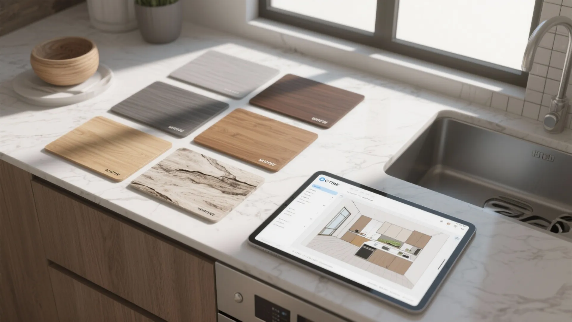 Top-down flatlay of wood swatches and countertop samples with a tablet showing a 3D kitchen mock-up.