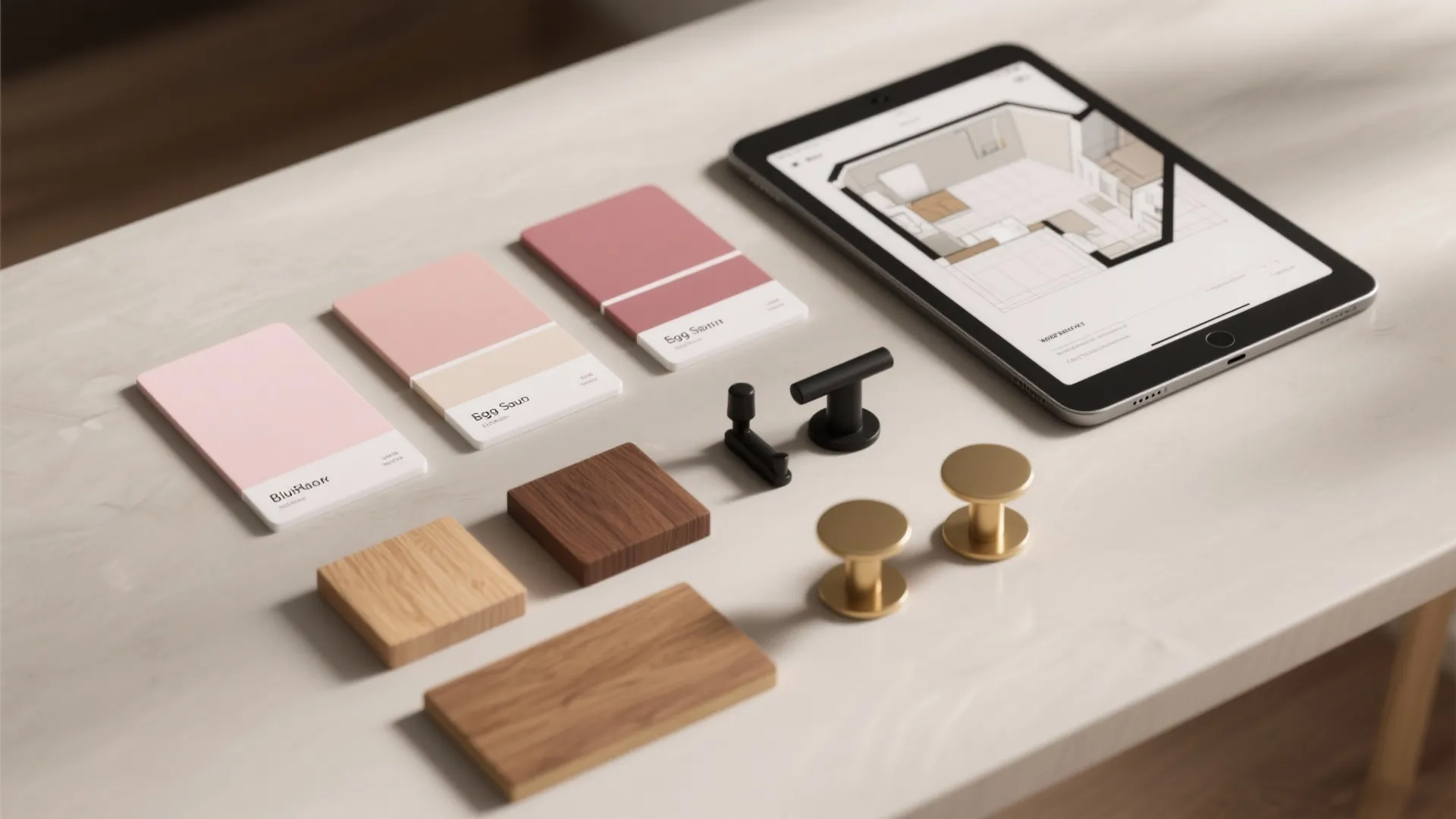 Flatlay of pink paint swatches, finish chips, wood samples, hardware and 3D planner tablet