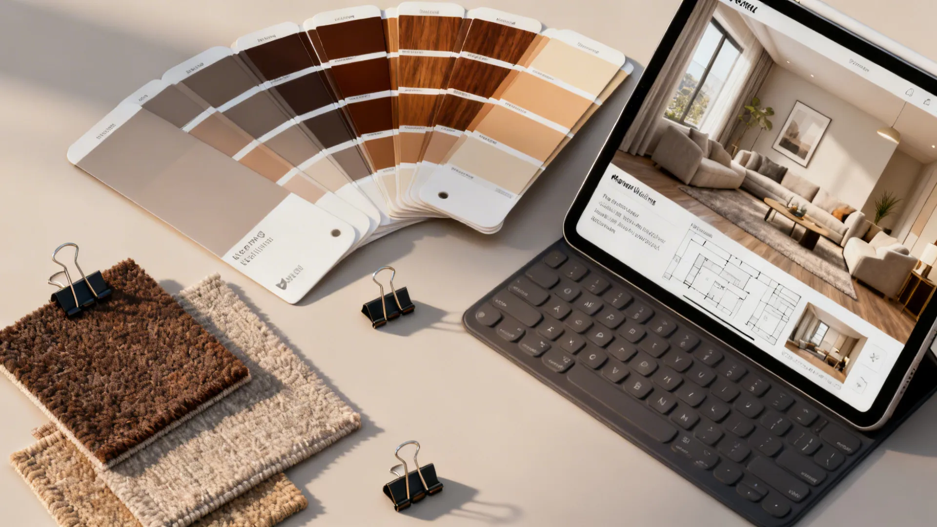 Flatlay of paint swatches, fabric samples and a tablet with a 3D room planner for color testing.