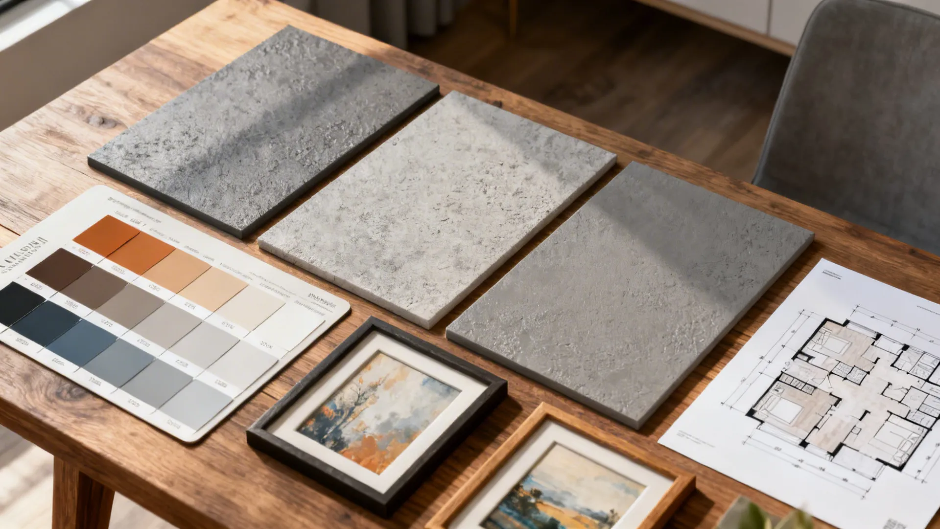 Interior design mood board on wooden table with stone samples color swatches and floor plan