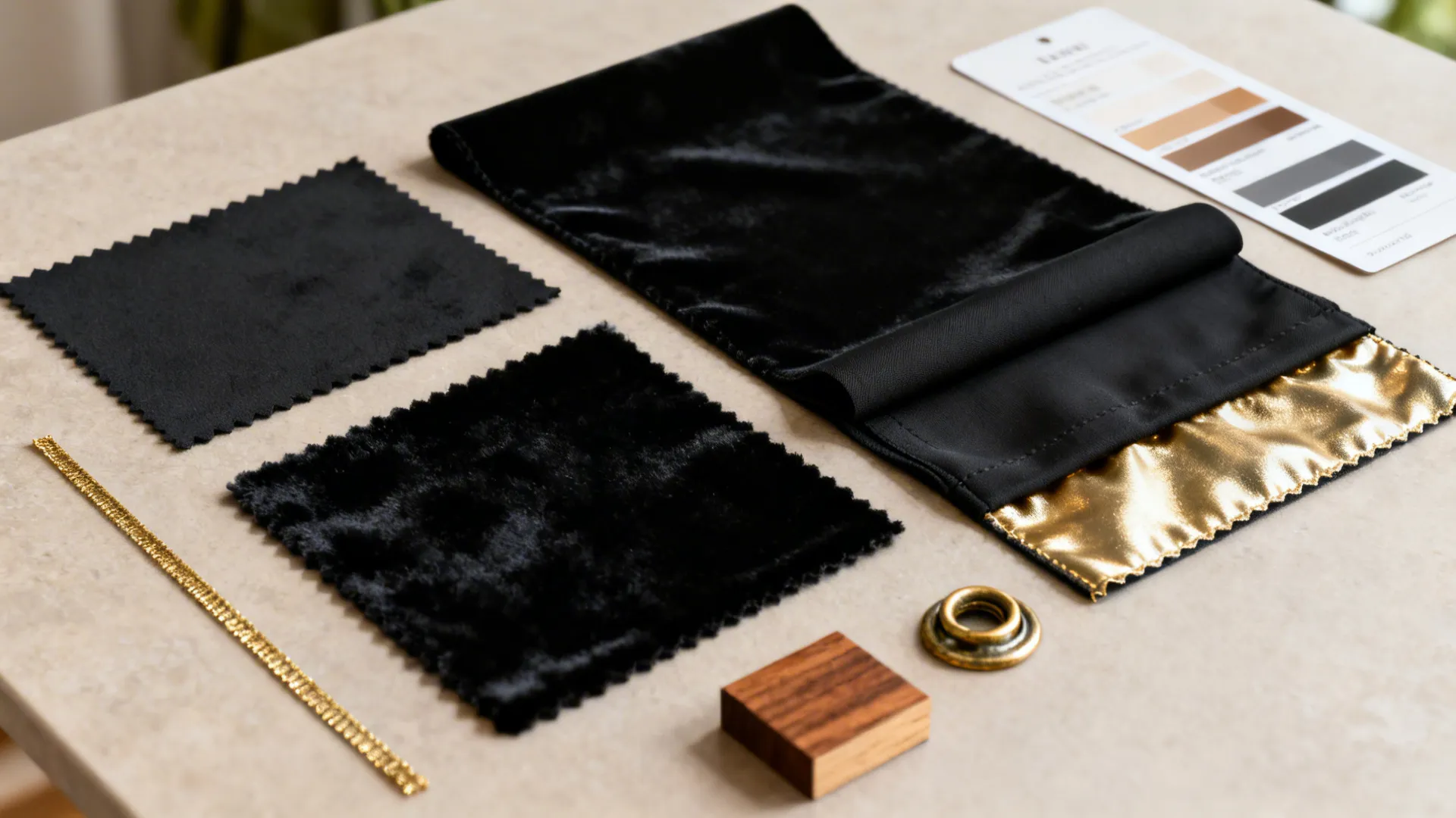 Interior design material swatches including black velvet gold fabric wood block and a color palette