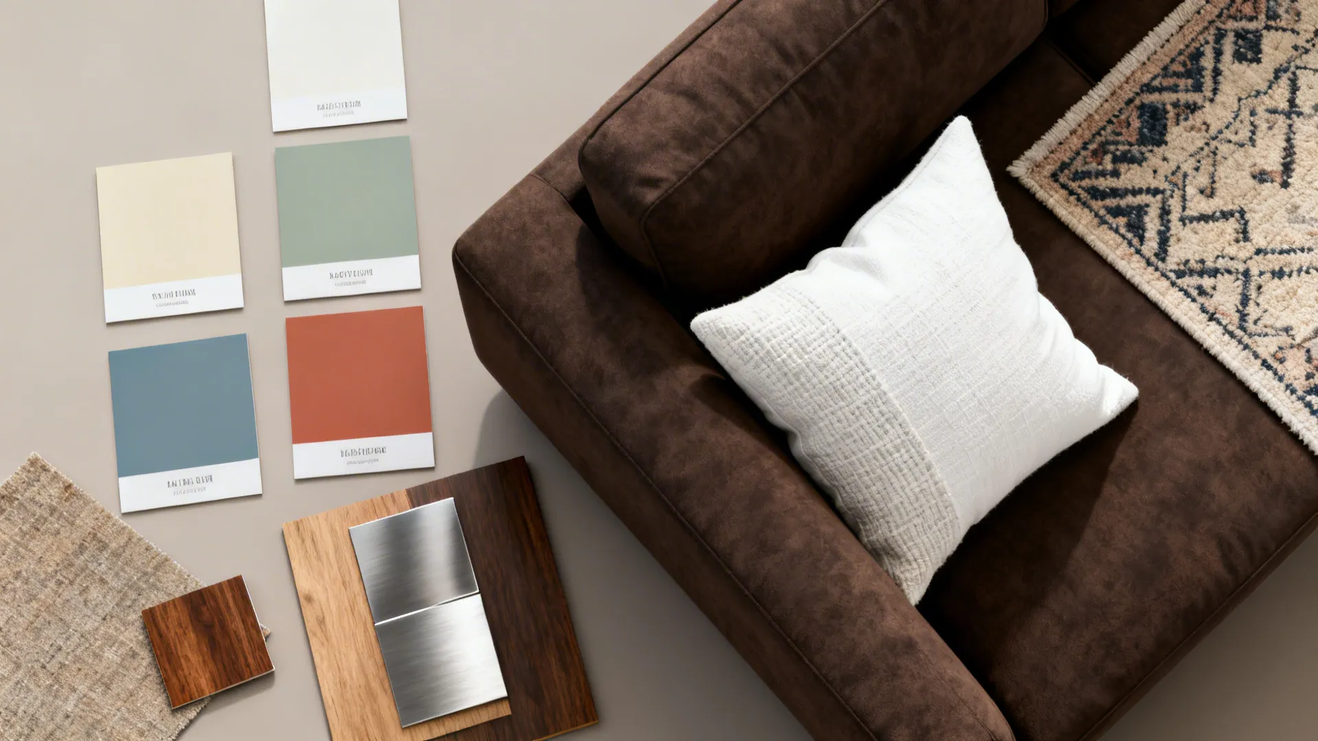 Flatlay of paint chips and fabric swatches for pairing with a dark brown sofa