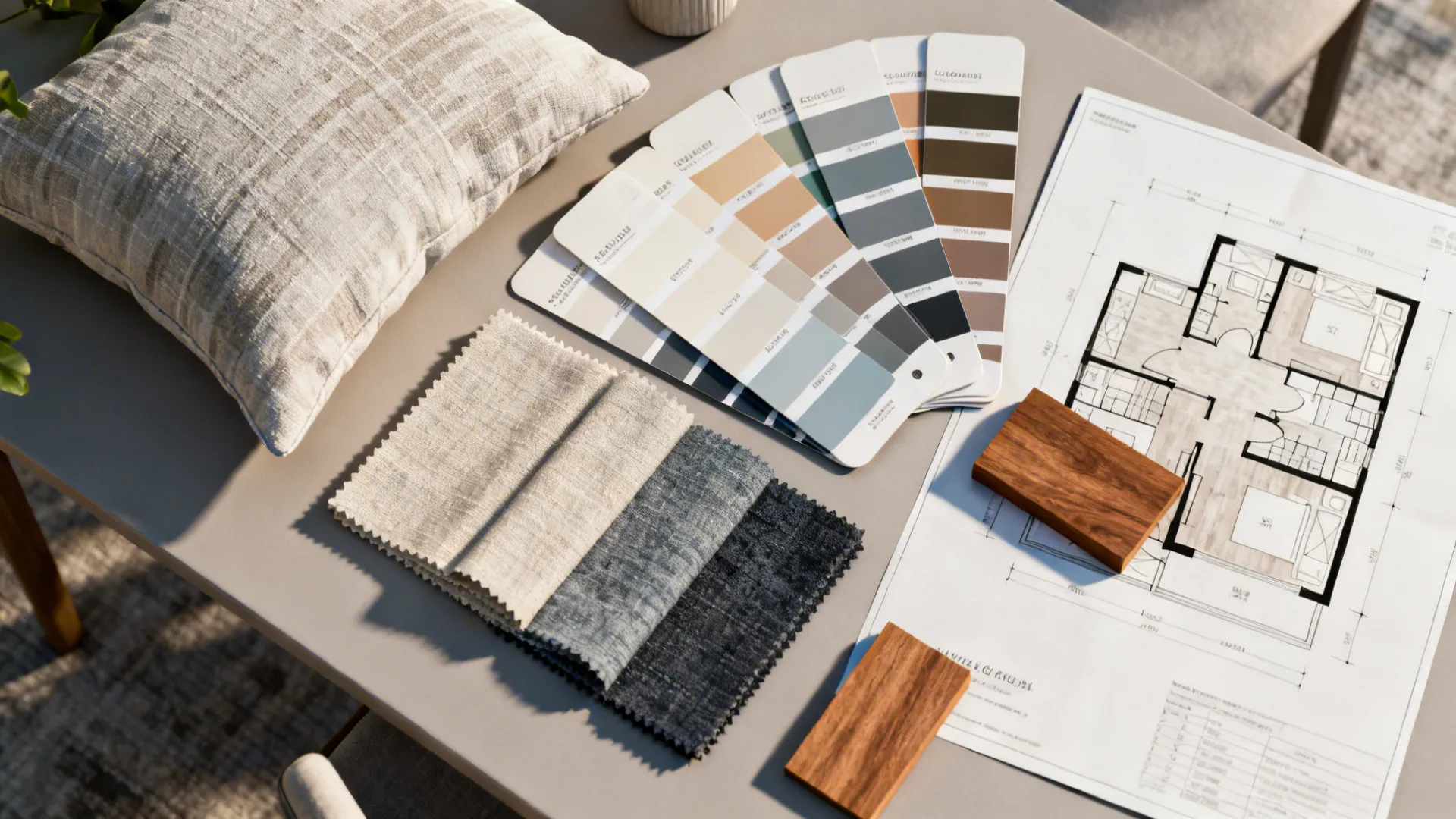 Top-down flatlay of paint swatches, fabric samples and a floorplan for testing neutrals