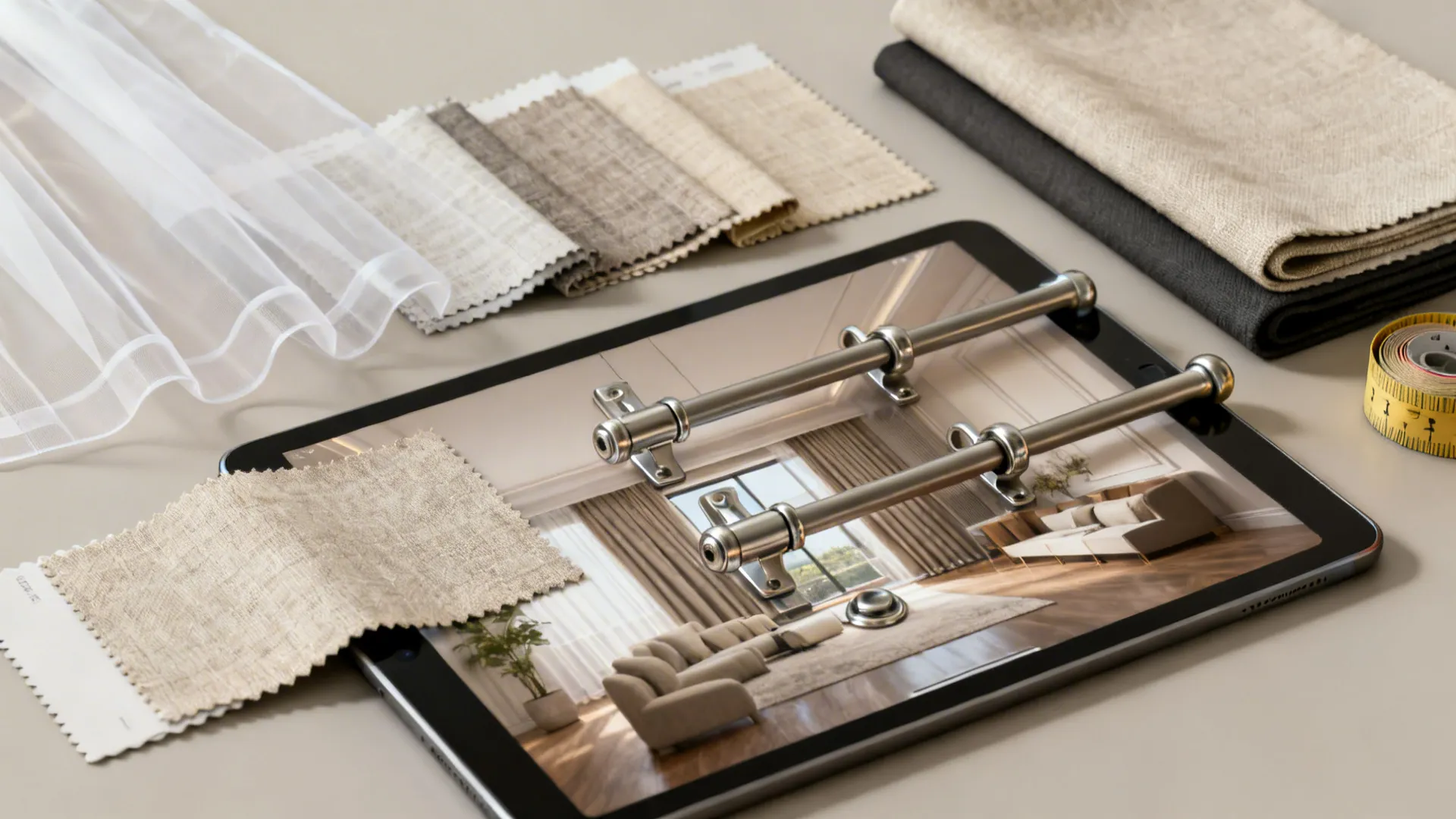 Flatlay of curtain fabric swatches, measuring tape and a tablet showing a 3D mockup.