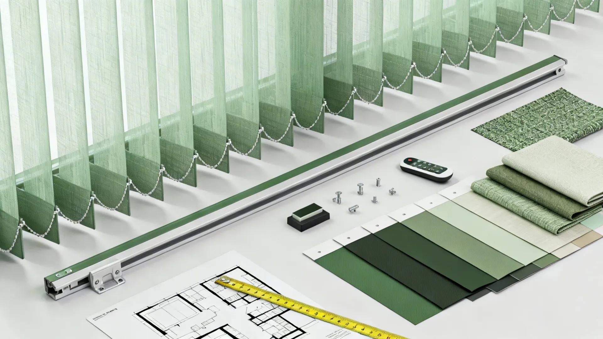 Flatlay of vertical blind fabric swatches, hardware samples, and a small floorplan mockup