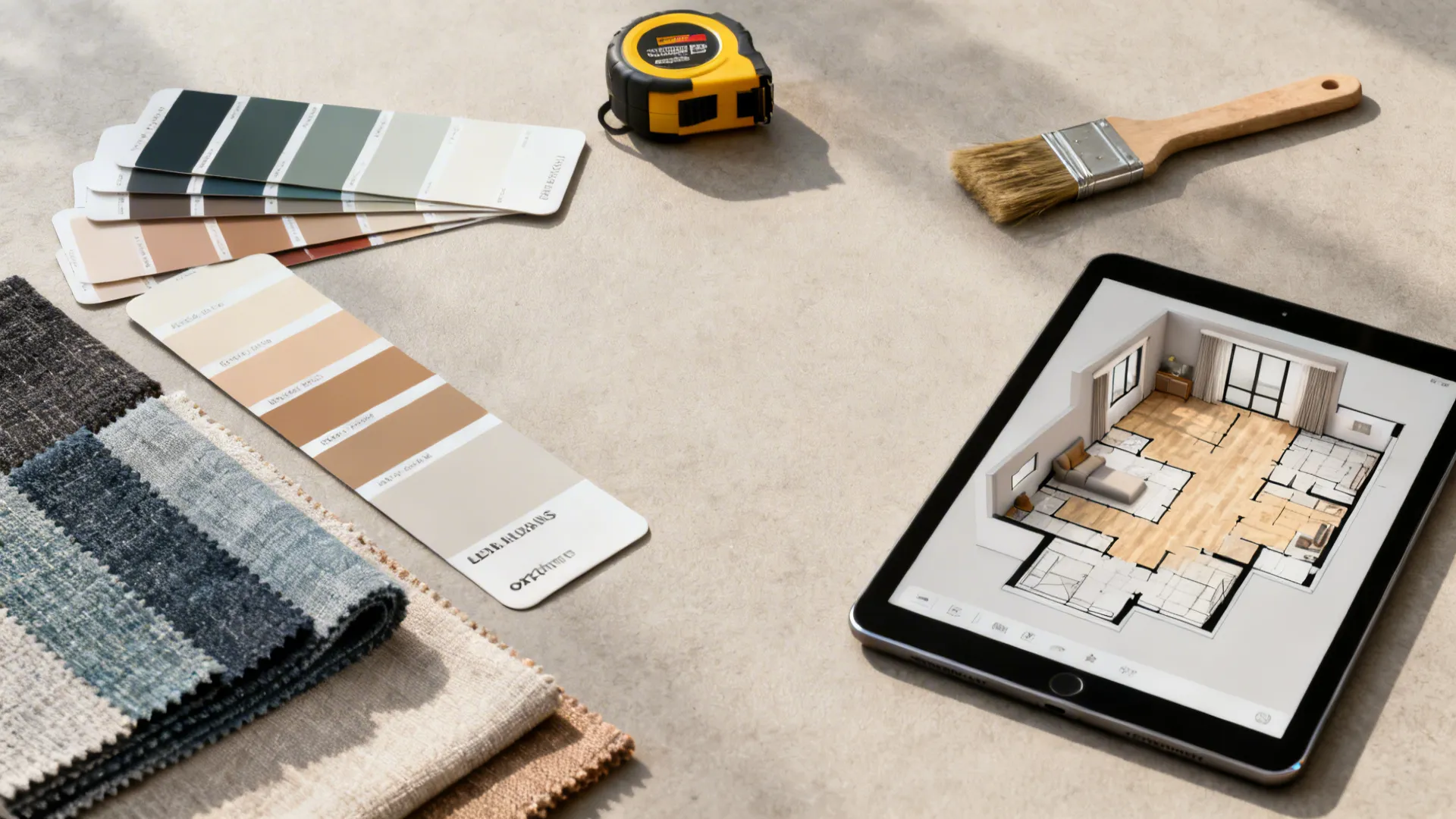 Flatlay of paint swatches, fabric samples and a tablet with a 3D planner