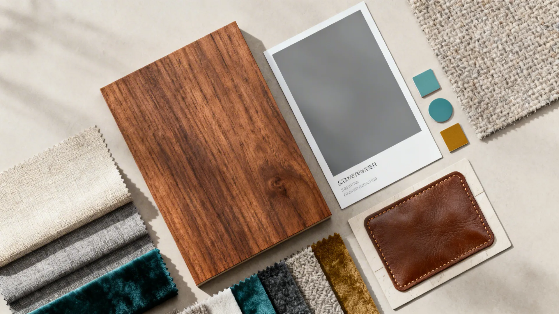Interior design materials flatlay featuring wood board, fabric swatches, leather piece, and grey color card