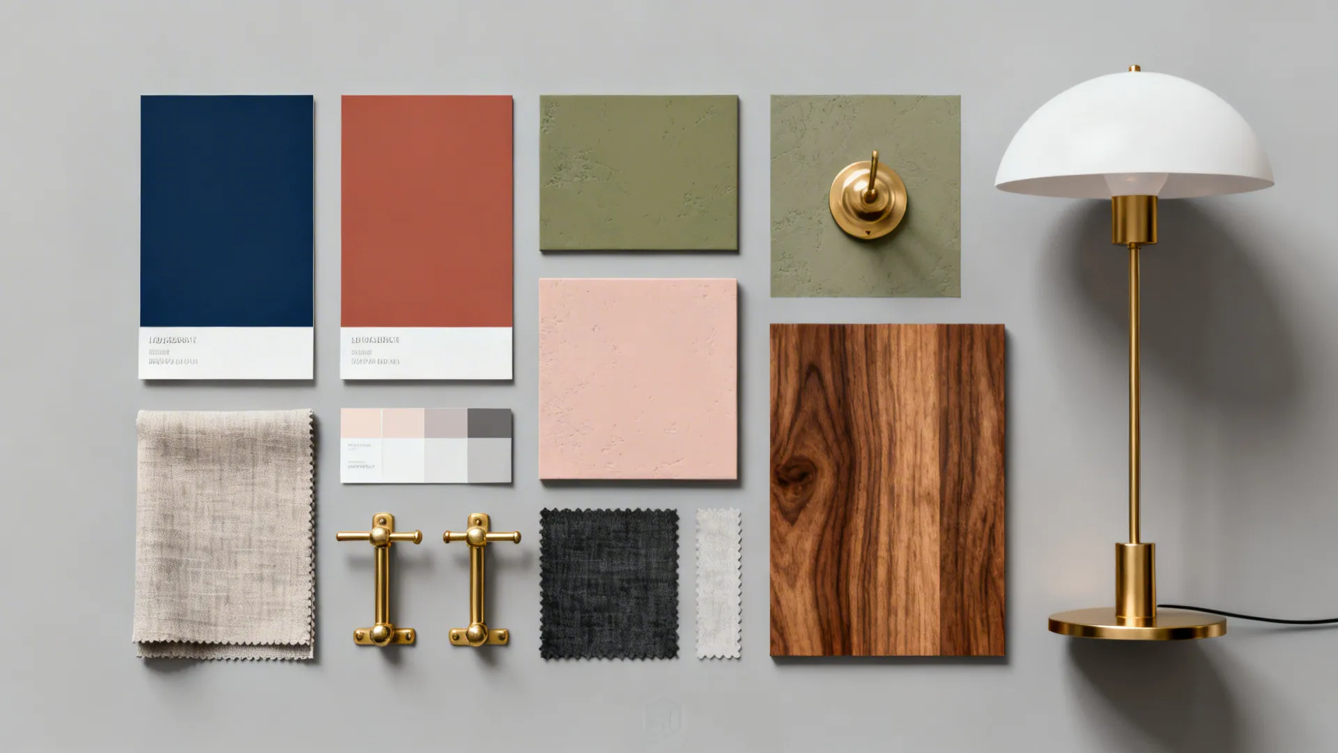 Flatlay of paint chips, fabric samples, and materials for choosing an accent wall color with grey.