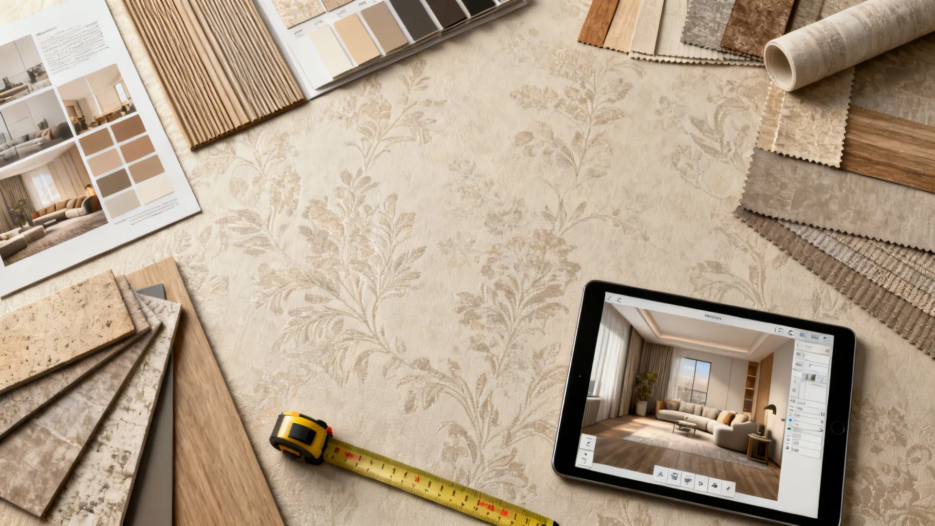 Flatlay of 3D wallpaper samples, color chips and a tablet showing a room planner