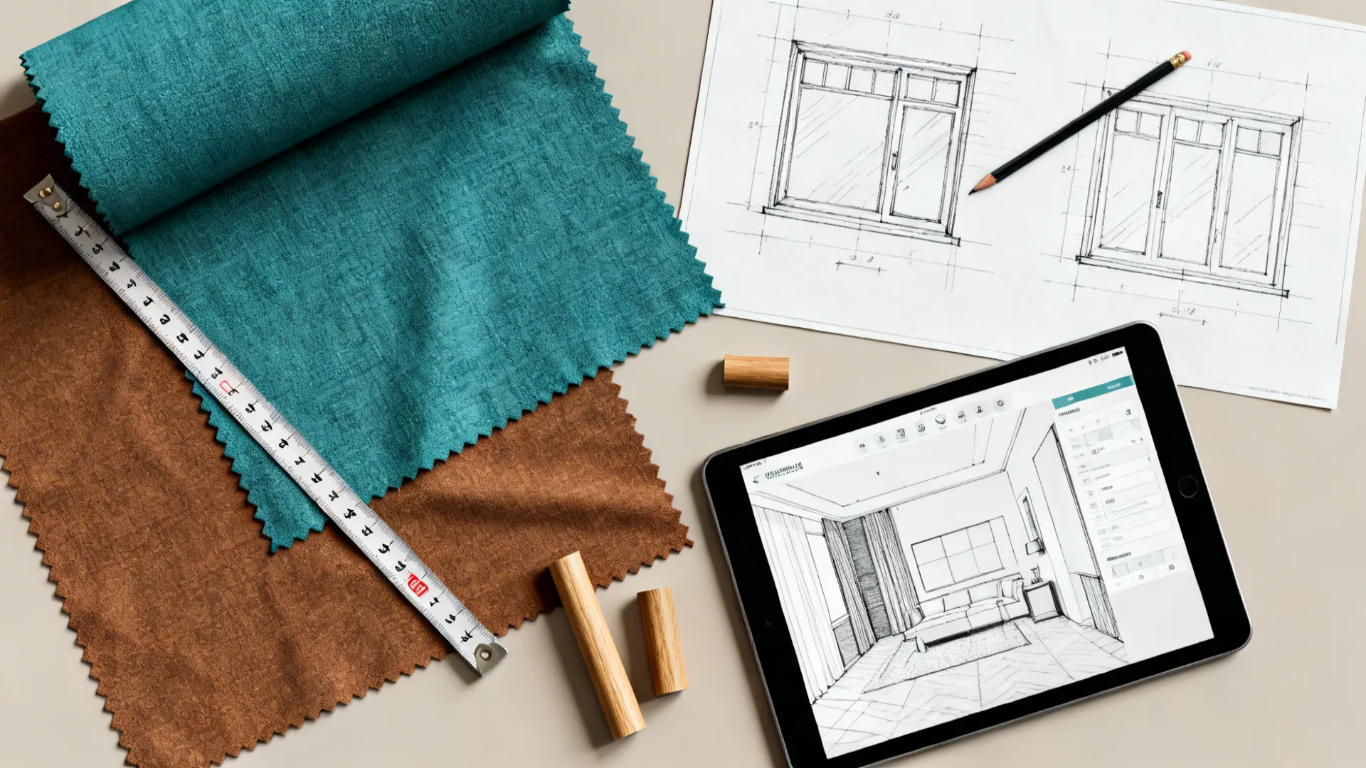 Flatlay of teal and brown fabric swatches, measuring tape, sketches, and a tablet room planner.
