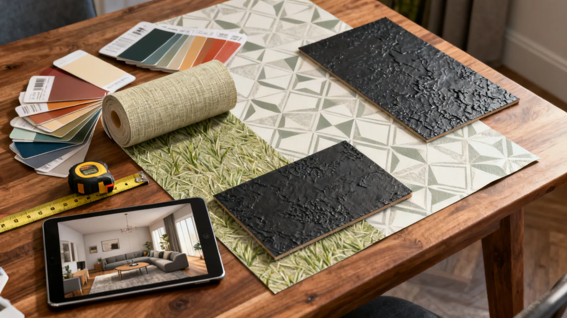 Interior design mood board with color swatches samples wallpaper tablet and measuring tape on wood table