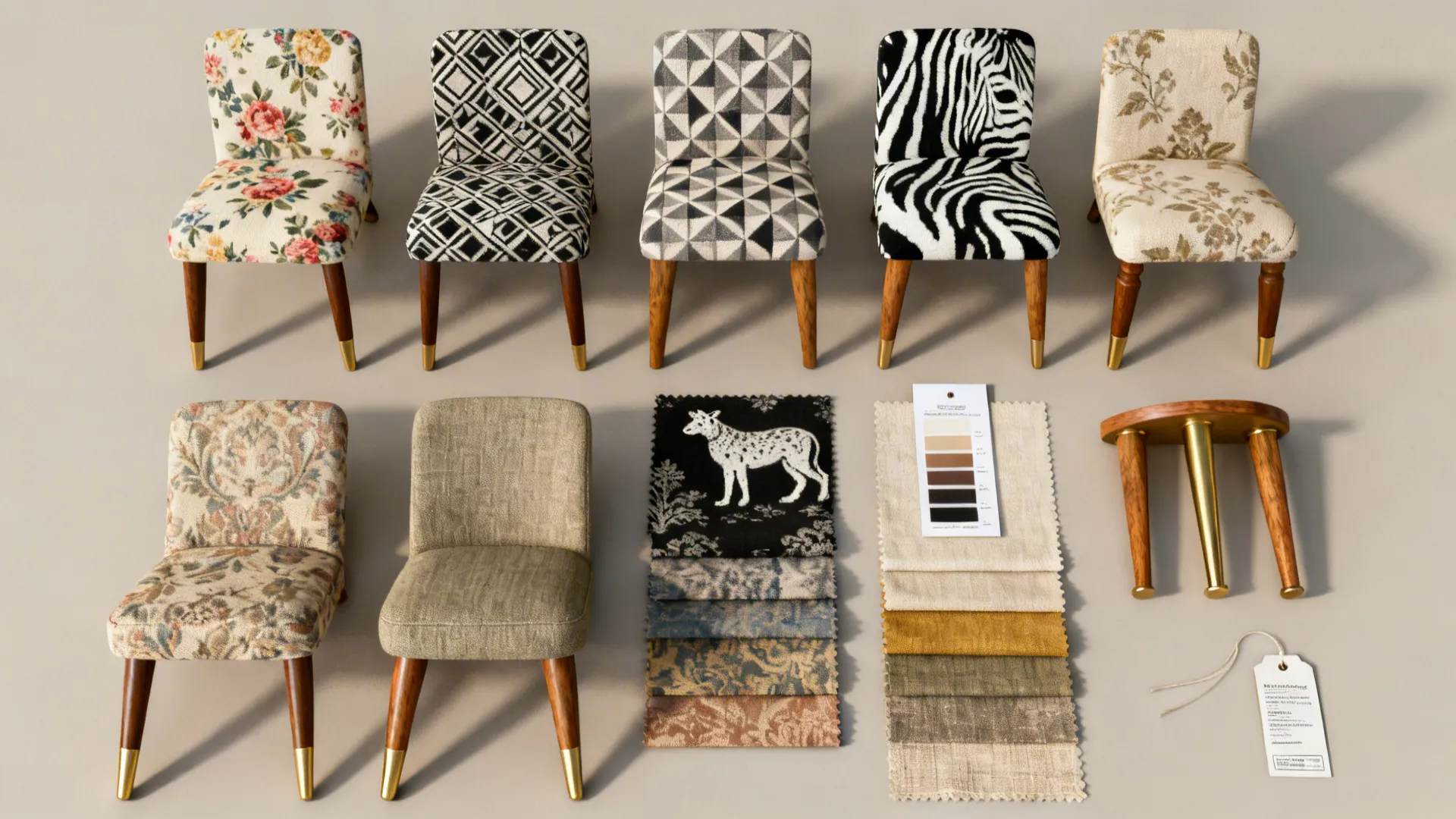 Top-down flatlay of upholstery swatches and material samples for printed accent chairs