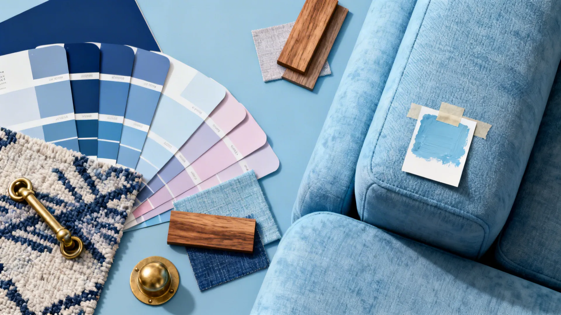 Blue color swatches, fabric samples, wood pieces, and brass hardware next to a sofa arm
