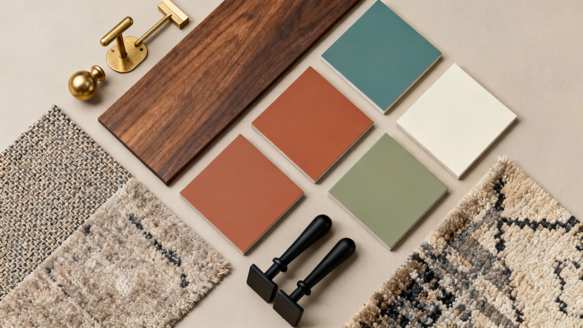 Flatlay of paint swatches and material samples paired with brown furniture tones
