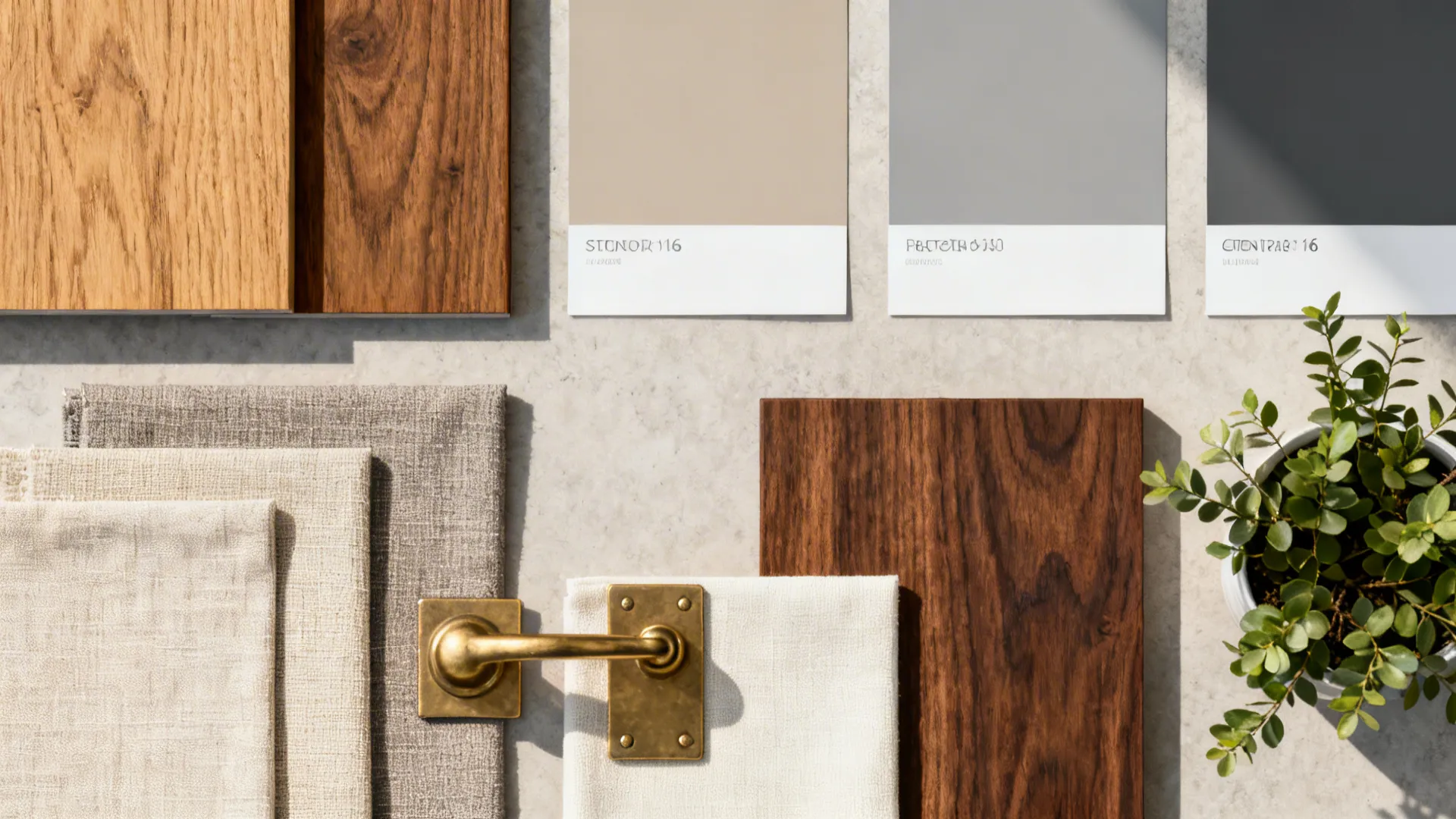 Flatlay of paint swatches, wood samples, fabric swatches and brass hardware for choosing grey feature walls.