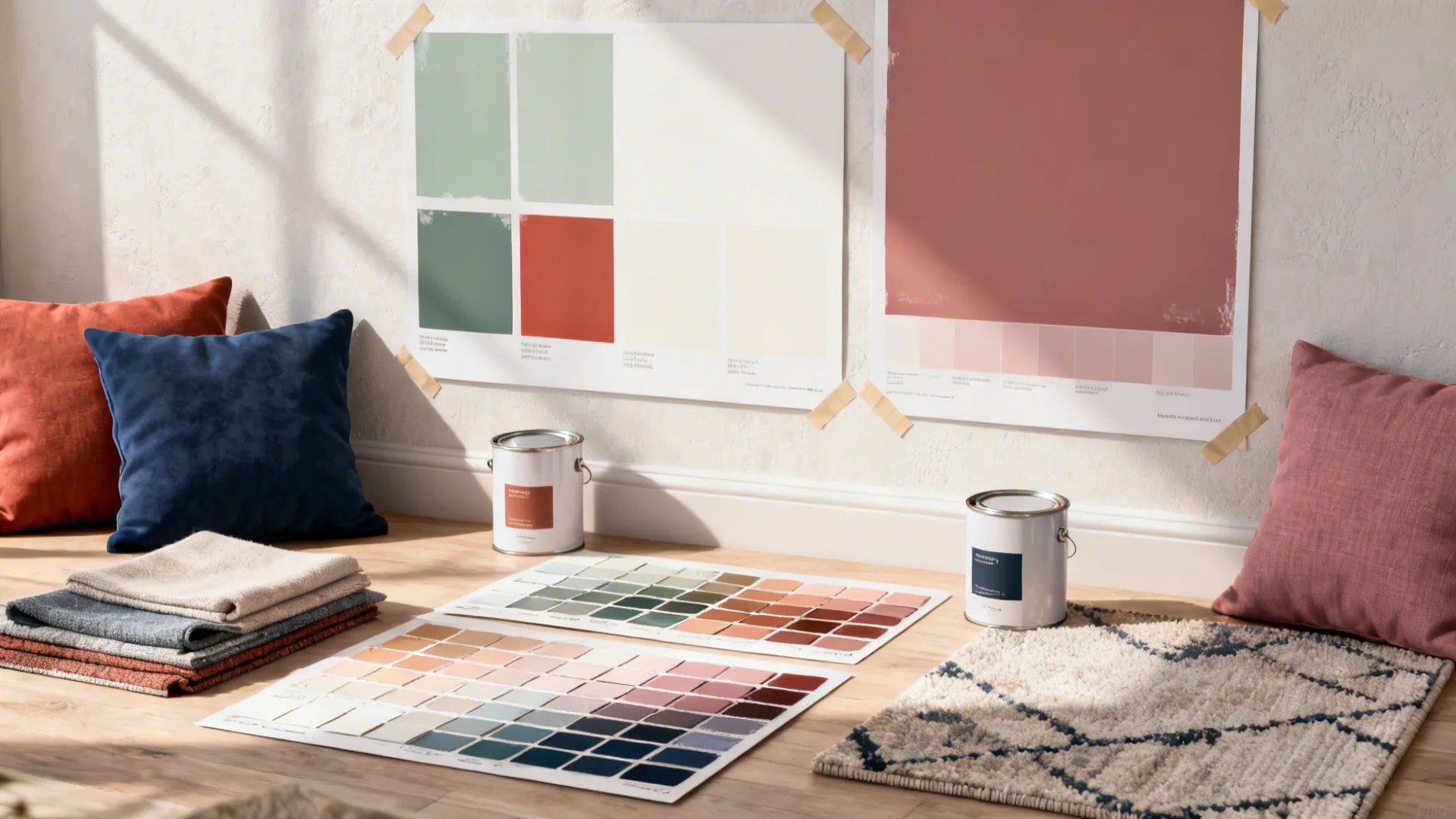 Interior design mood board with color paint swatches cans fabric samples and pillows on wood floor