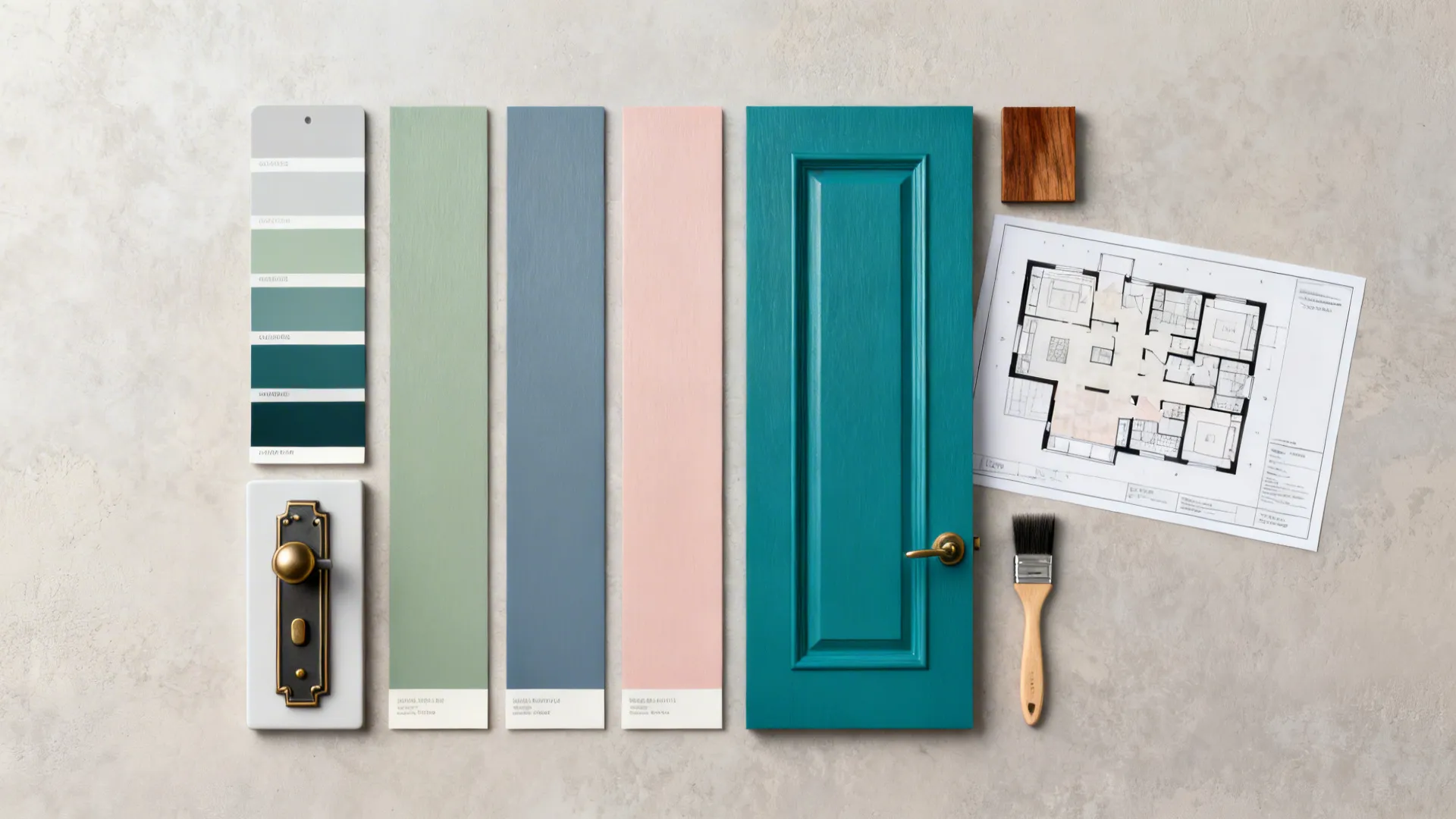 Top-down flatlay of paint swatches, wood stain chip, hardware samples and a mini floorplan