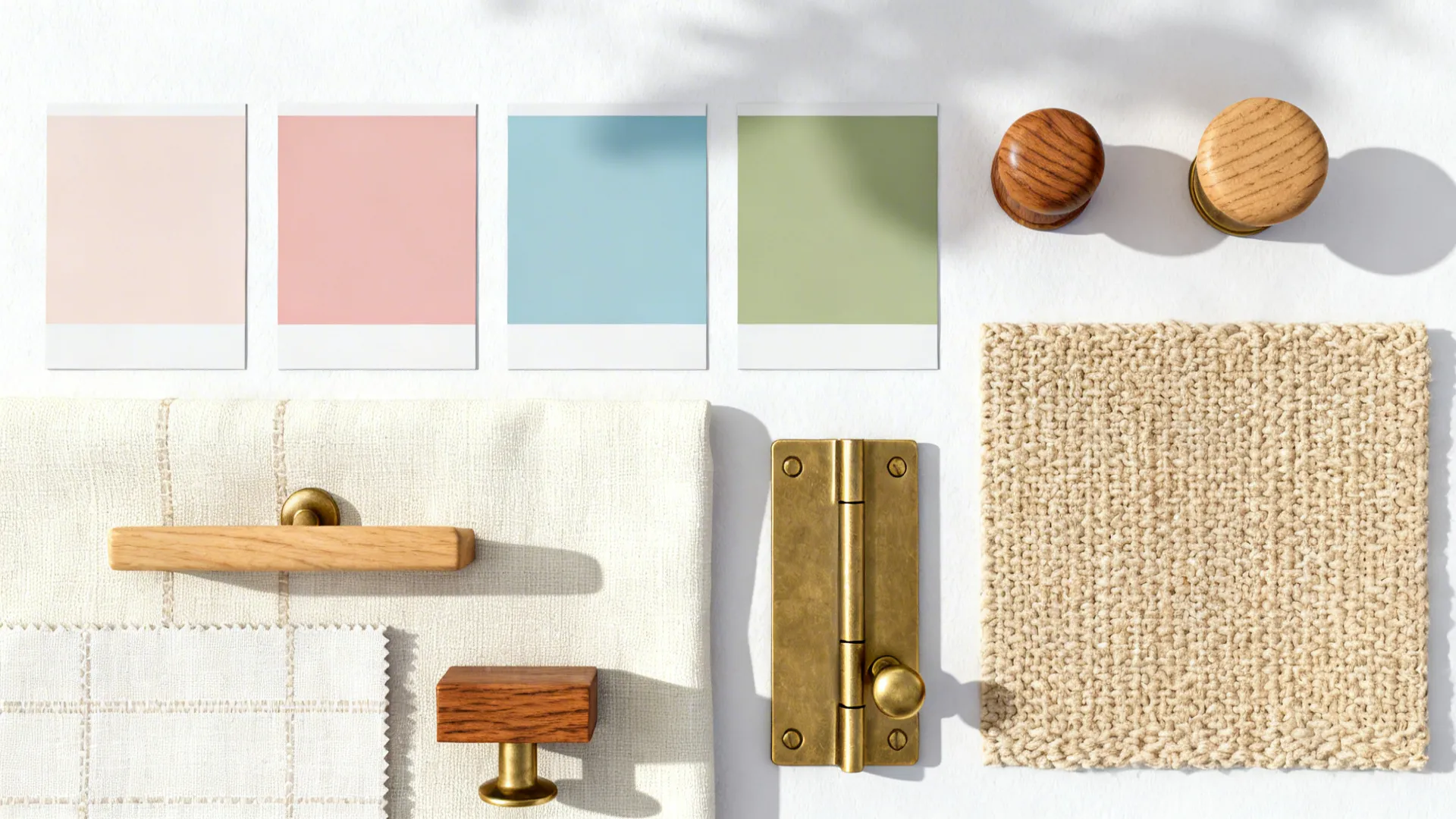 Mood board with color swatches, fabric samples, wooden handles, and metal hardware on white background
