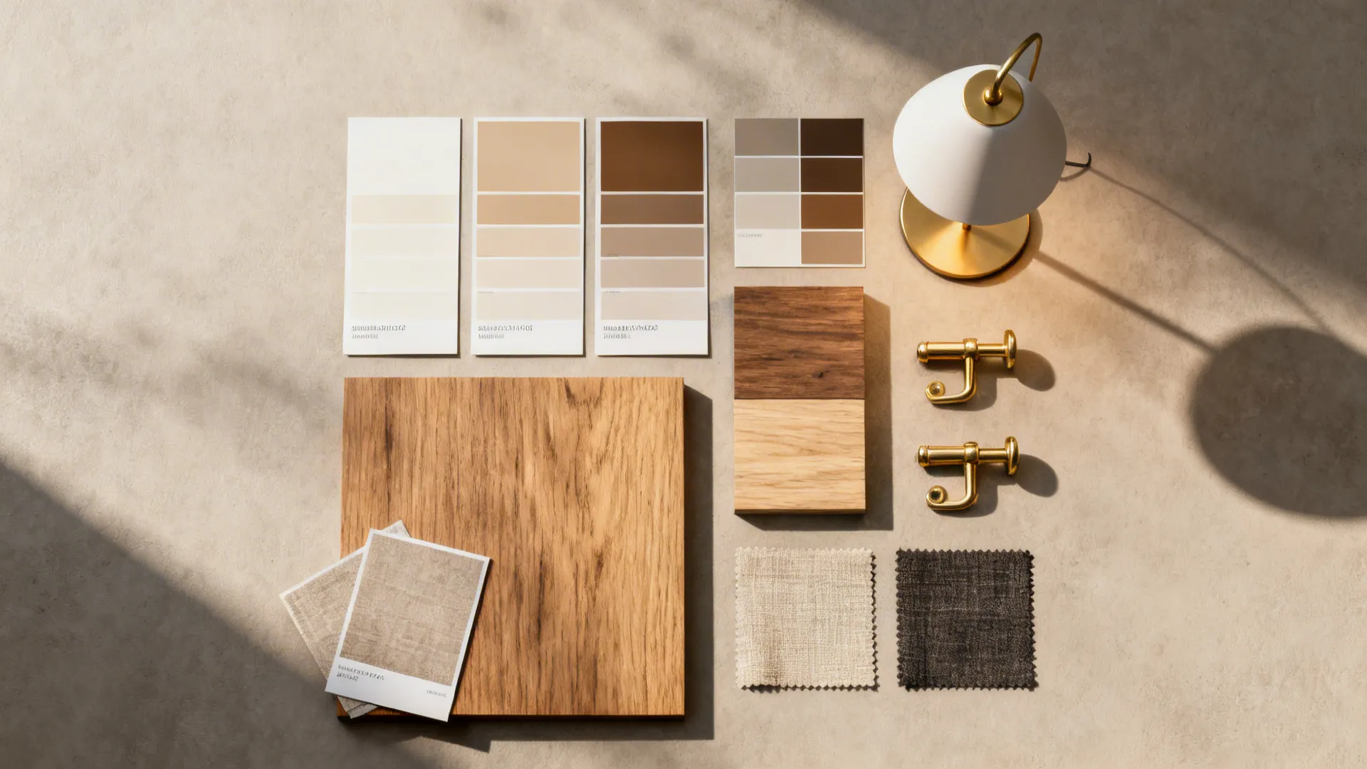 Flatlay of paint swatches, wood samples, brass hardware and fabric chips for testing green palettes.