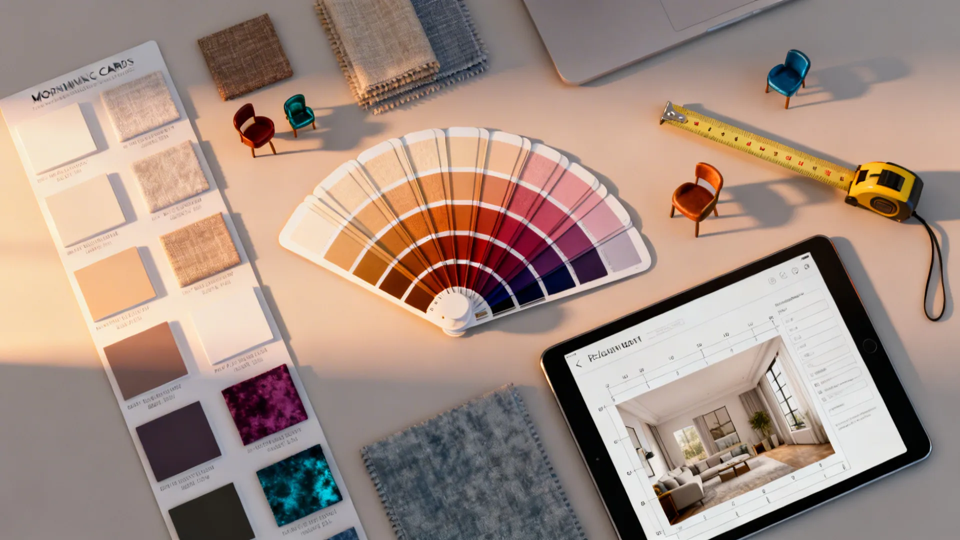 Top-down flatlay of paint swatches, fabric samples, and a tablet with a room planner