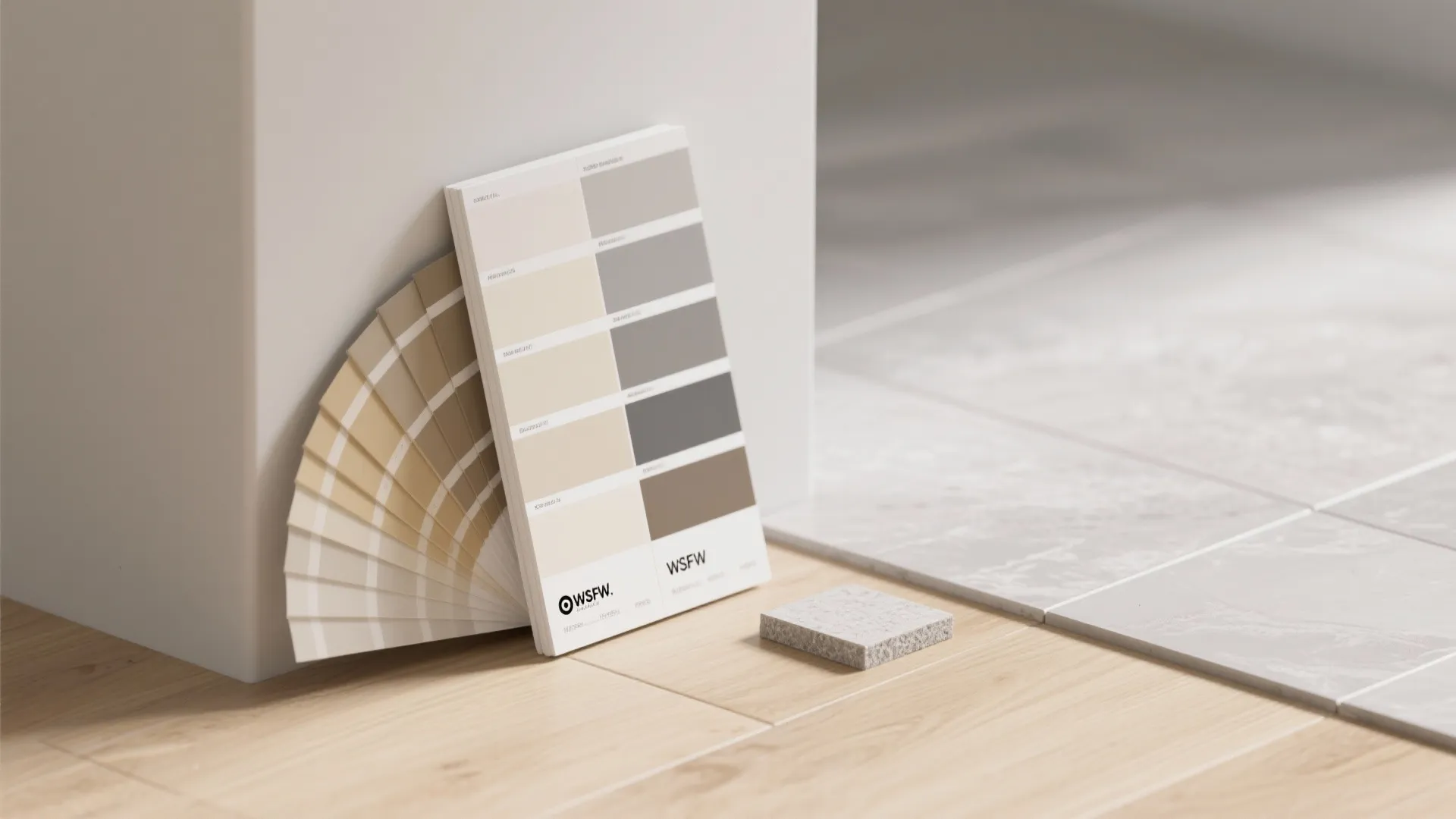 Off-white paint swatches with flooring and grout samples for selecting undertones.