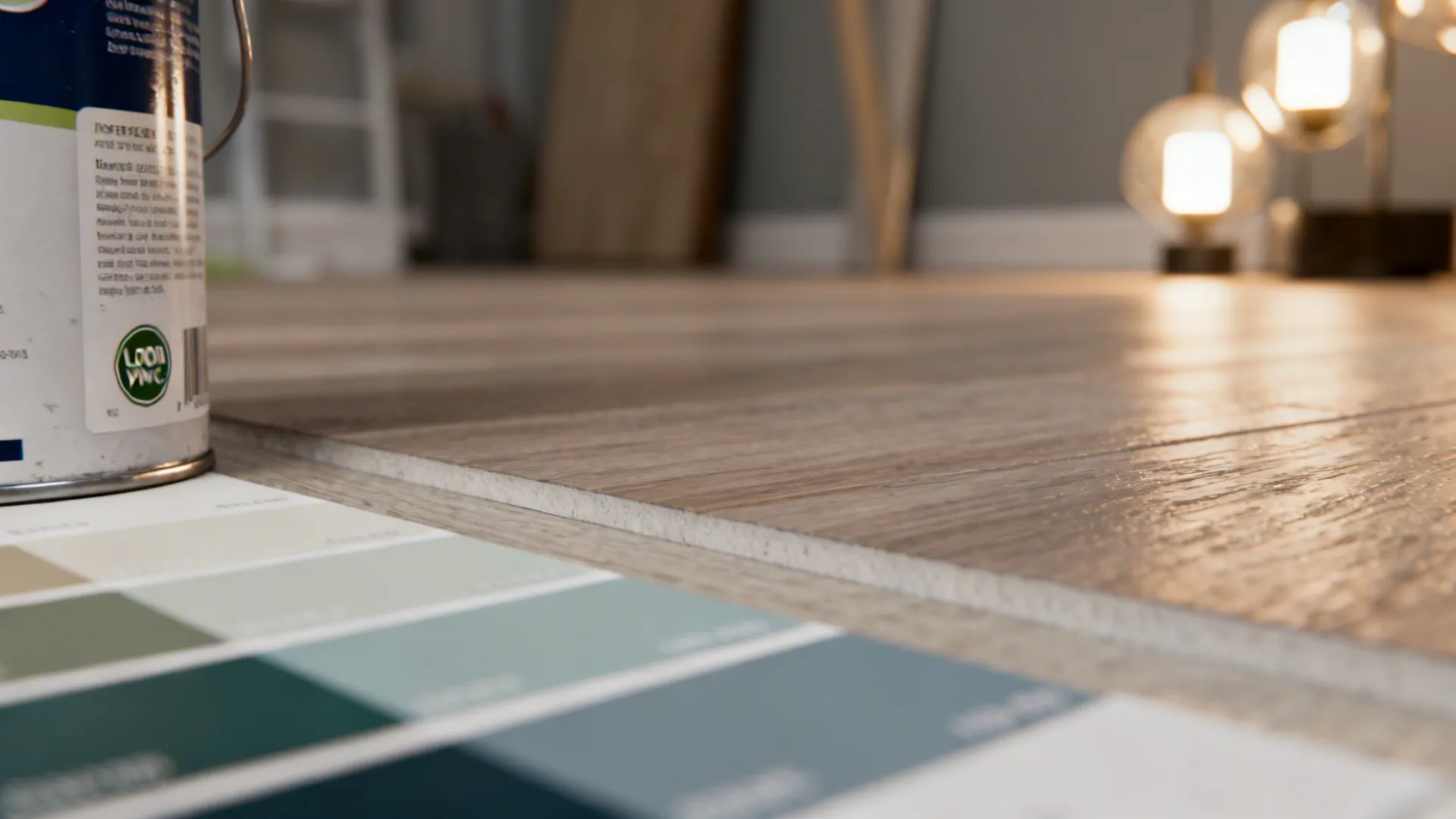 Macro image of paint swatches beside flooring samples and lighting to check undertones.