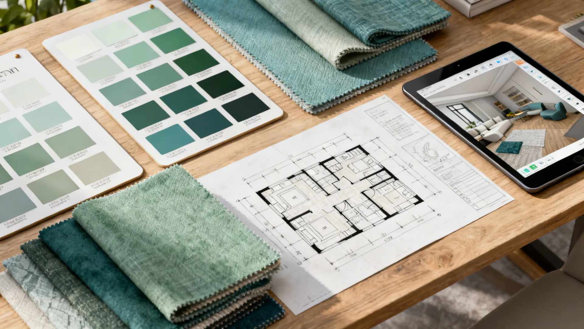 Flatlay of paint swatches, fabric samples and a 3D floor planner on a tablet.
