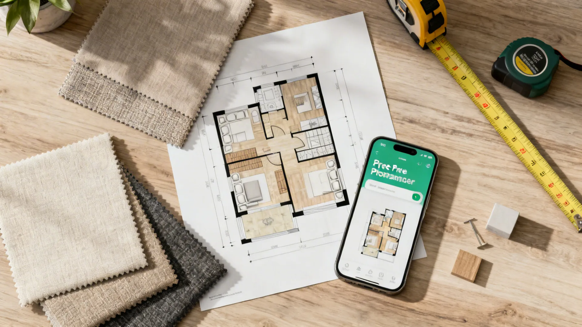 Flatlay of upholstery swatches, measuring tape and a 3D floor planner on a smartphone.