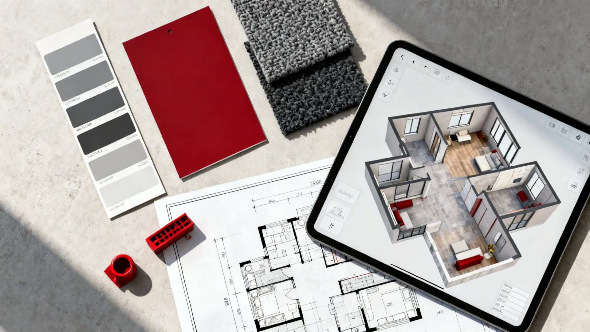 Flatlay of grey and red material swatches with a scaled floor plan and tablet displaying a 3D planner.