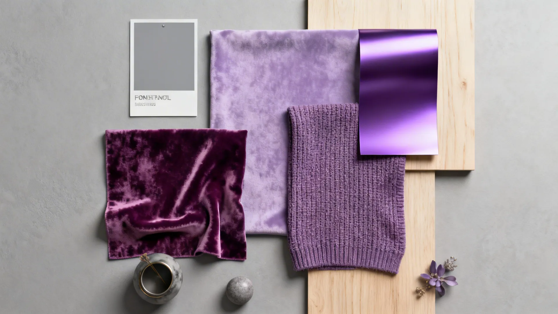 Top-down material flatlay with grey paint chip, lavender and plum fabric samples, metallic swatch and wood sample.