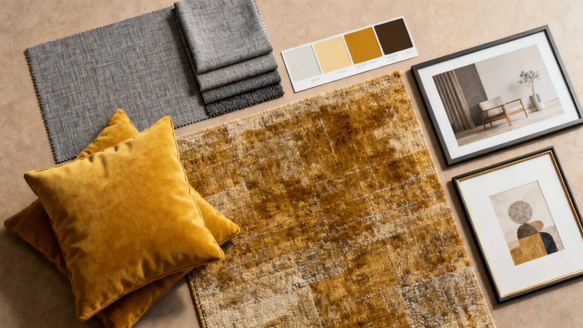 Top-down layout of grey and mustard fabric swatches, rug sample, and paint chips.