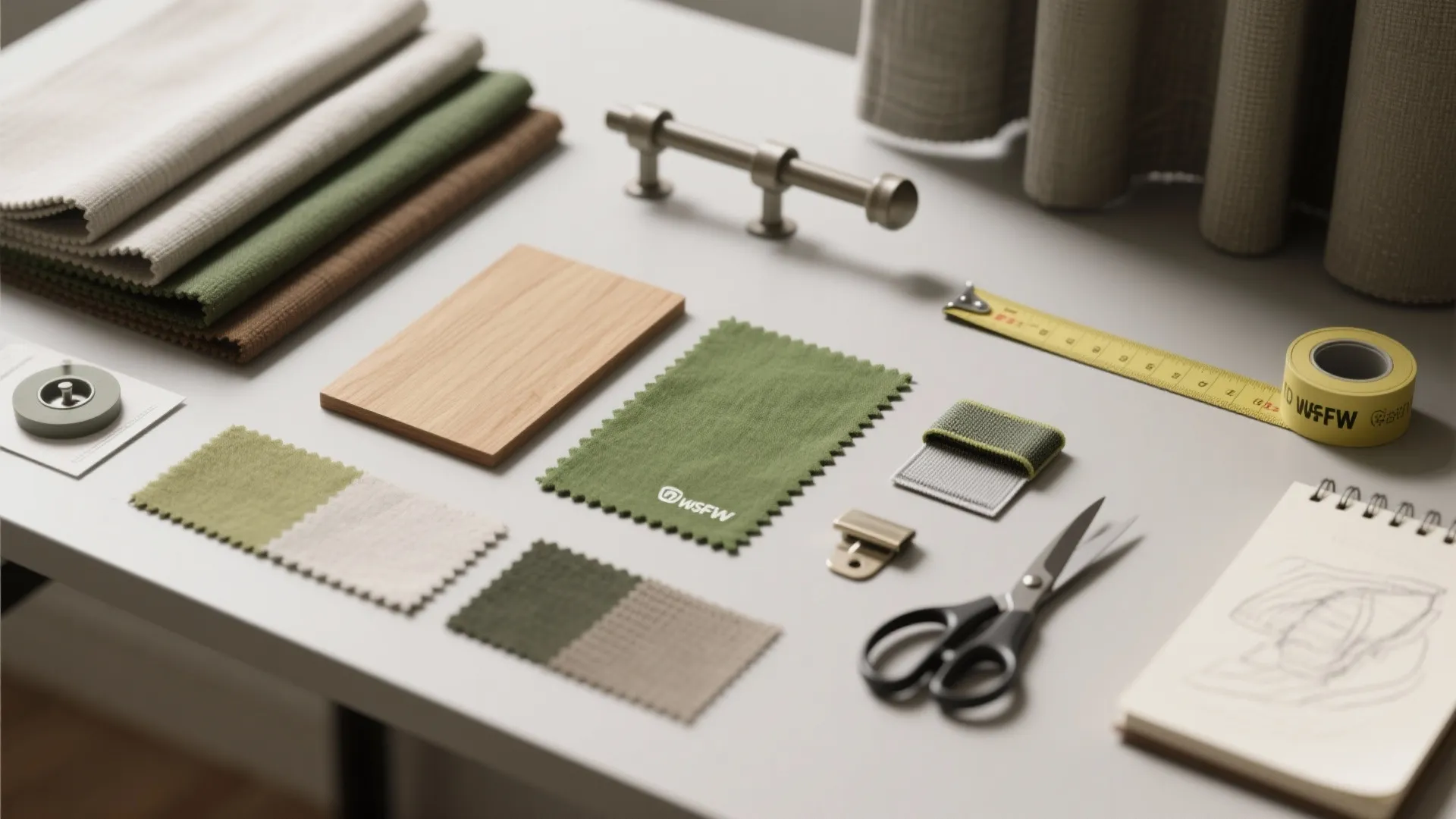 Interior design mood board with fabric samples wood board metal curtain rod scissors and measuring tape