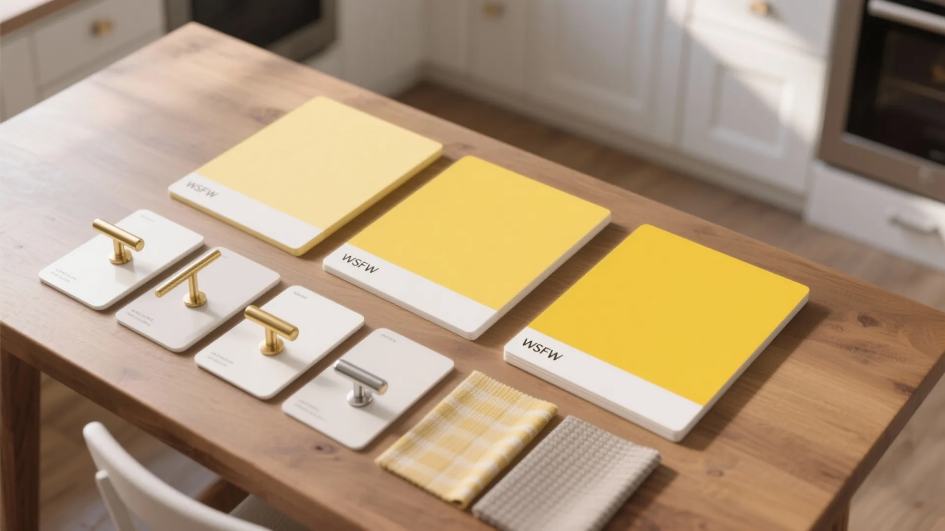 Flatlay of yellow and white paint swatches with brass and nickel hardware samples.