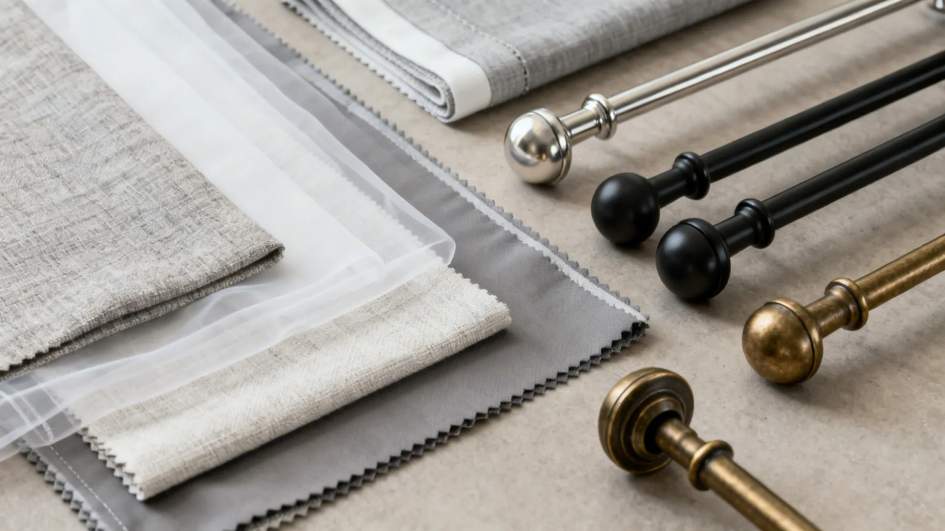 Various grey fabric samples and metal curtain rods with different colored ends on a surface