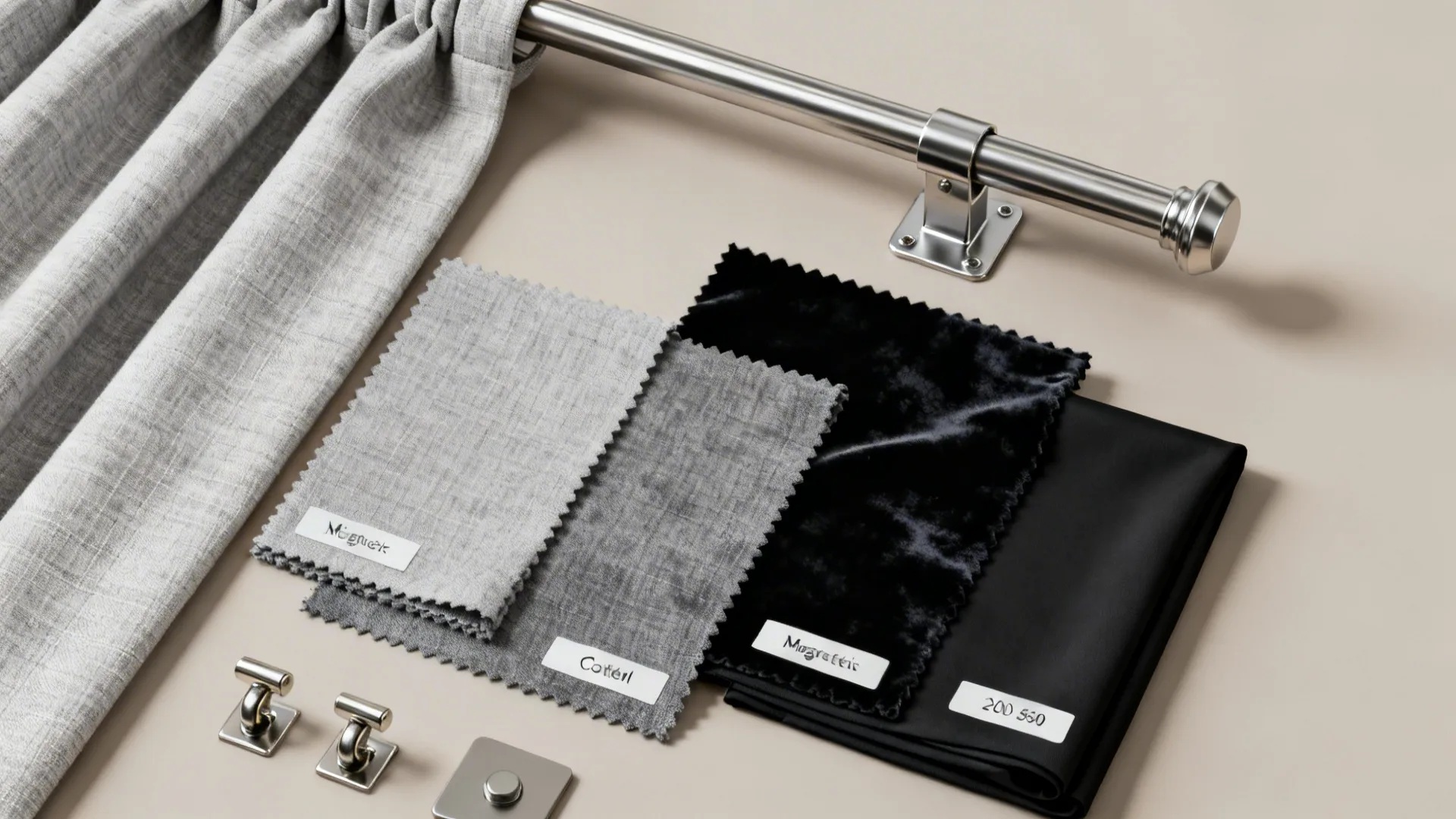 Flat lay of grey and black fabric swatches next to a silver metal curtain rod