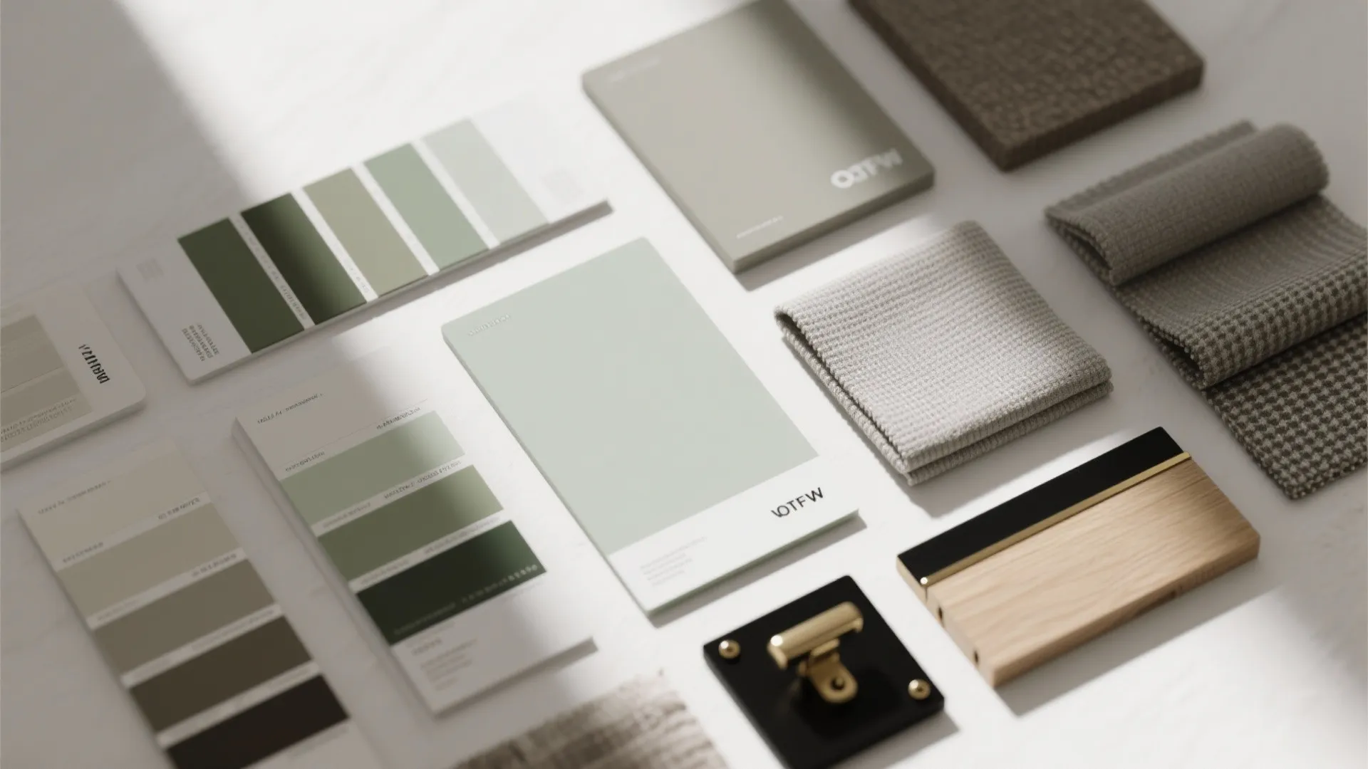 Collection of green color paint swatches fabric textile samples and wood pieces on white surface