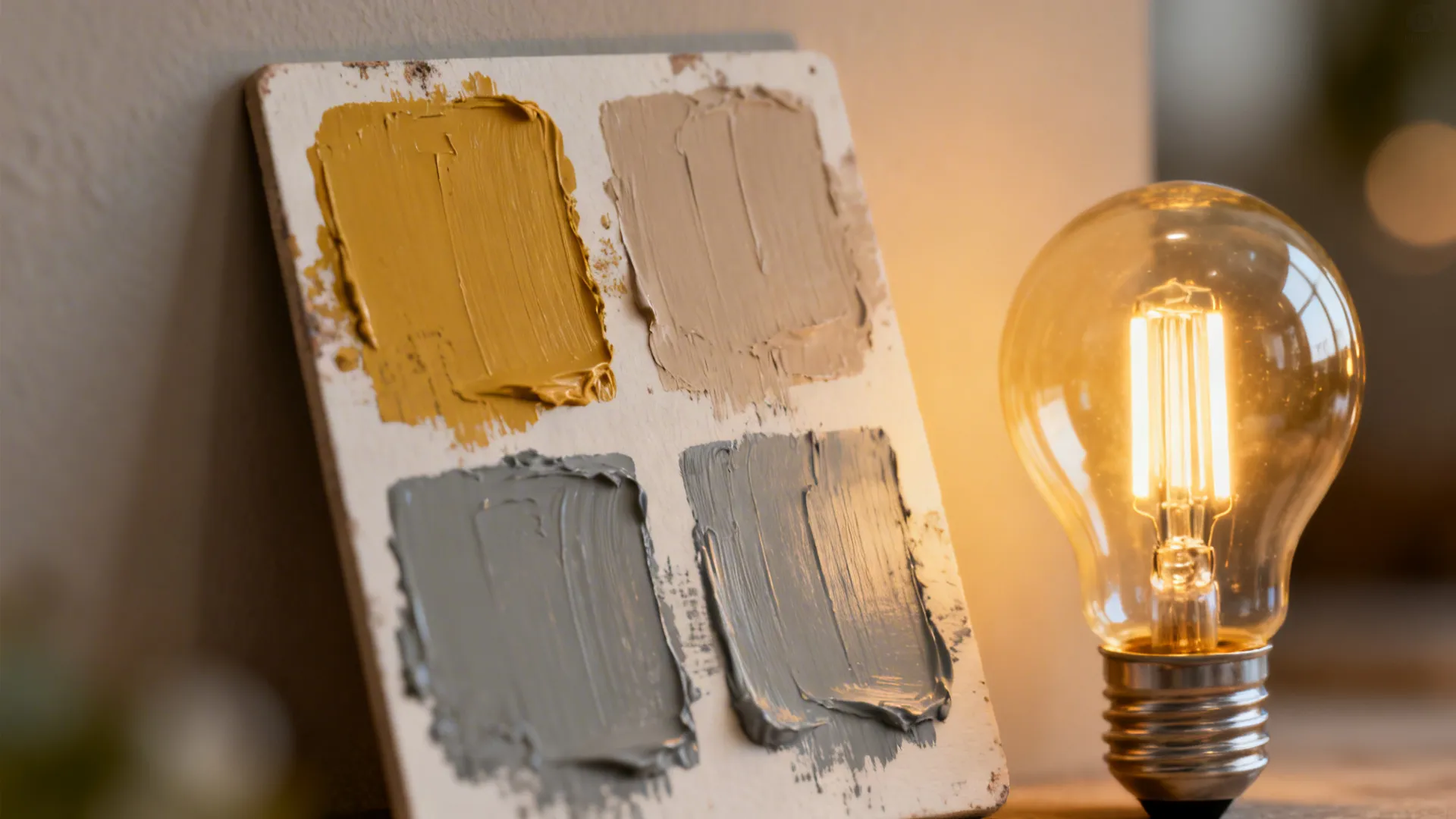 Interior paint color samples next to a glowing warm light bulb on a wooden table