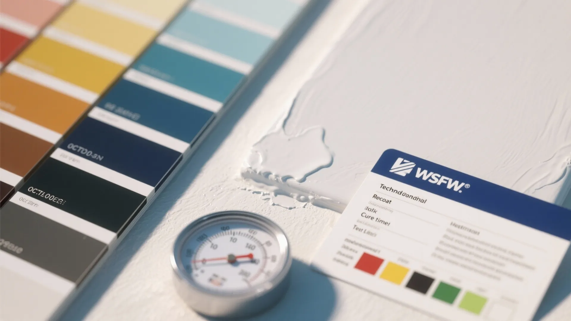 Color swatches and paint texture samples next to a thermometer and technical information product card