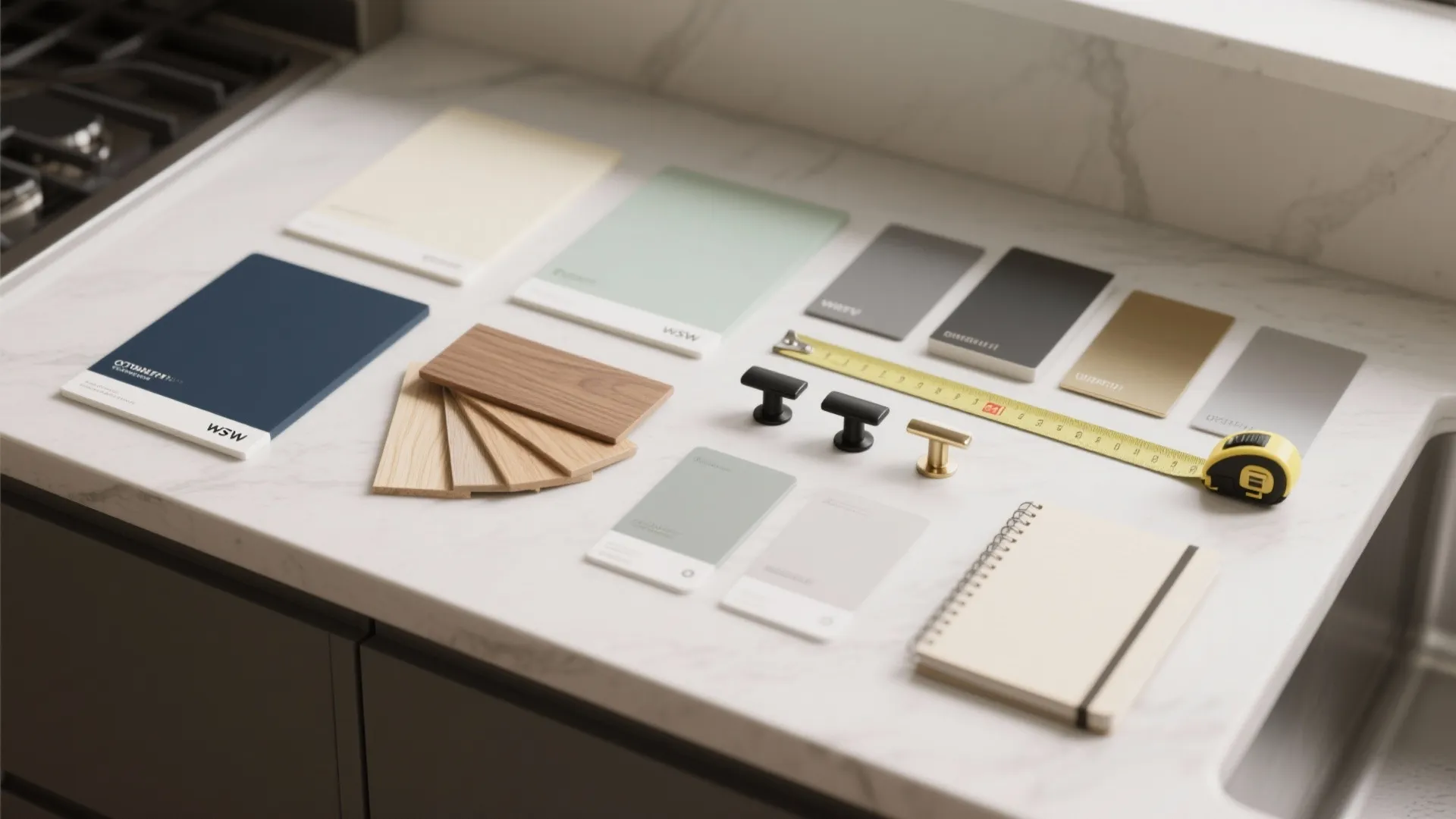 Interior design mood board with color samples wood chips drawer handles measuring tape and paper notebook