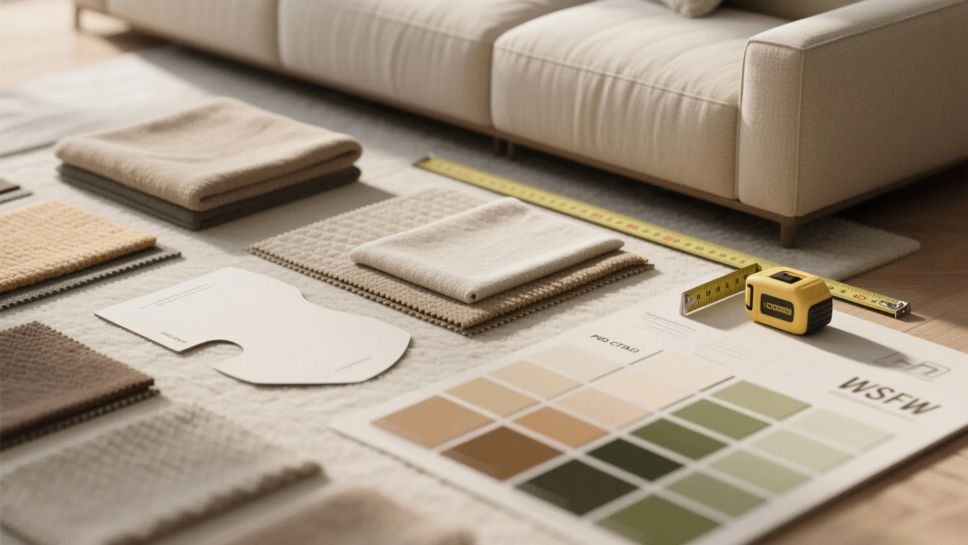 Fabric material swatches and color samples laid out with measuring tape for interior design planning