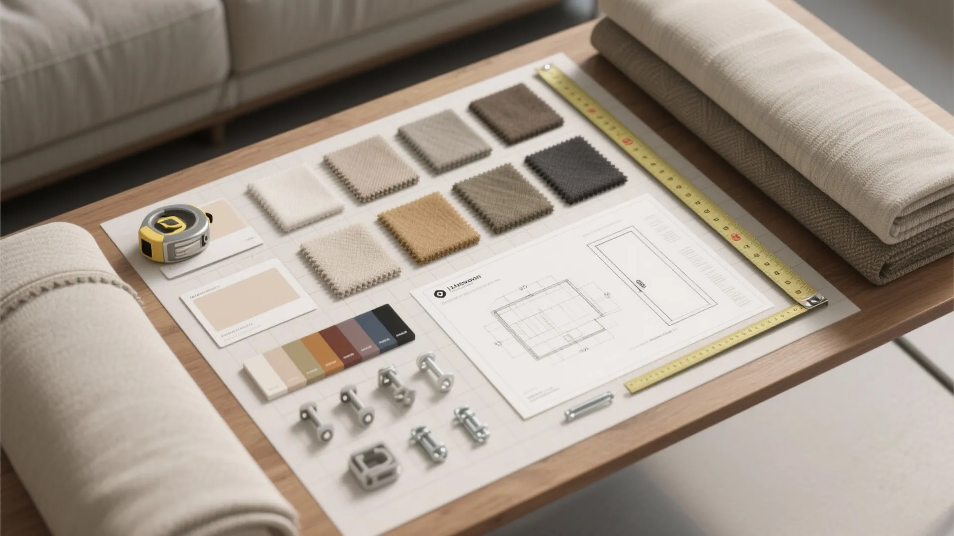 Interior design mood board with fabric swatches color samples measuring tape and a floor plan