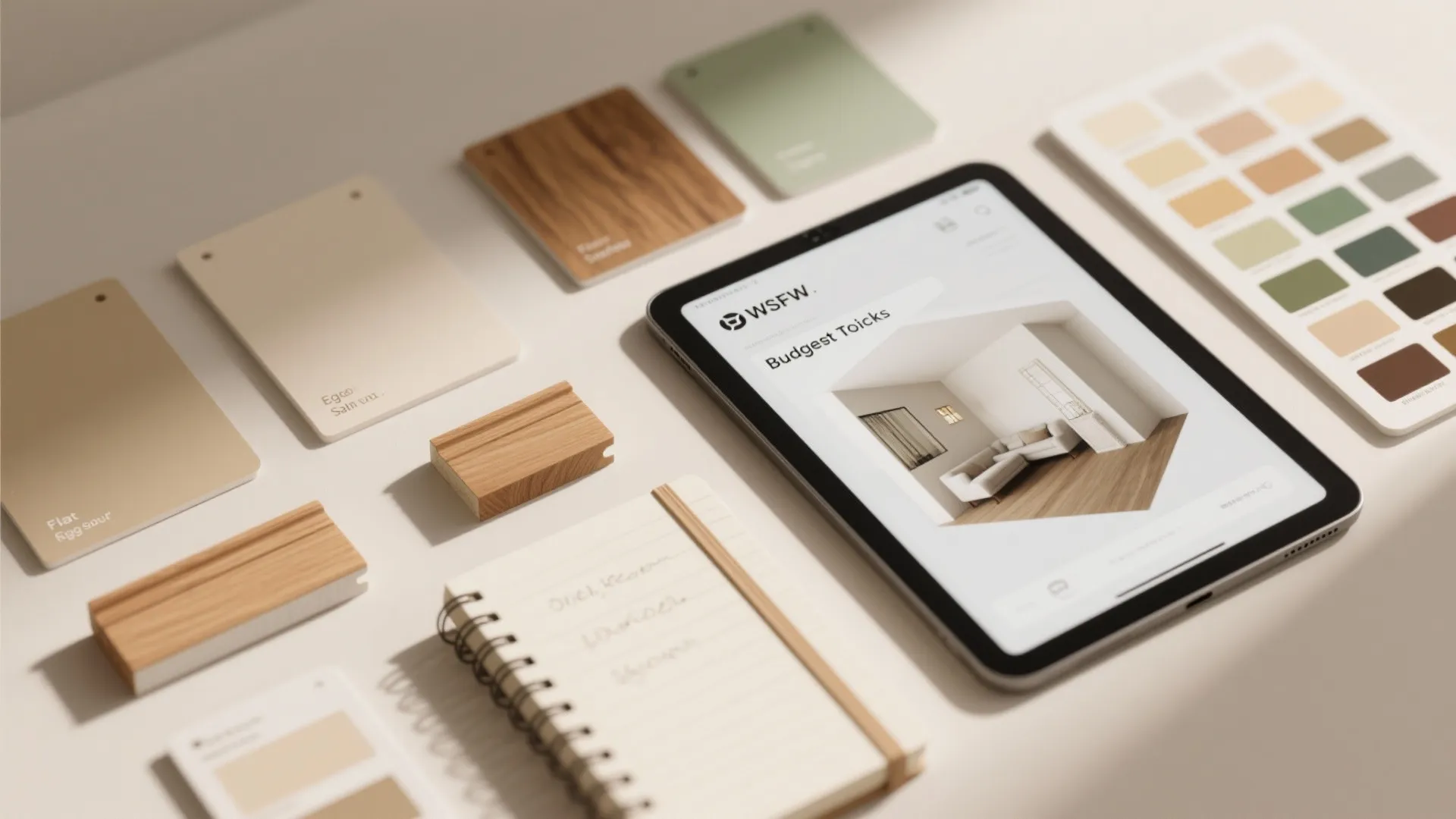 Tablet showing interior design drawing surrounded by color swatches wood samples and a small notebook