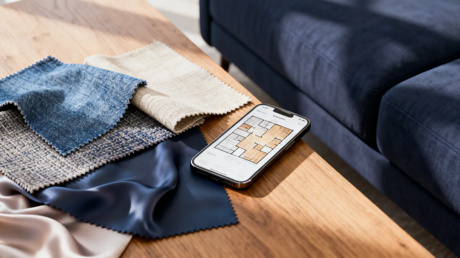 Fabric swatches and a floor plan mockup next to a navy sofa for testing layouts and samples