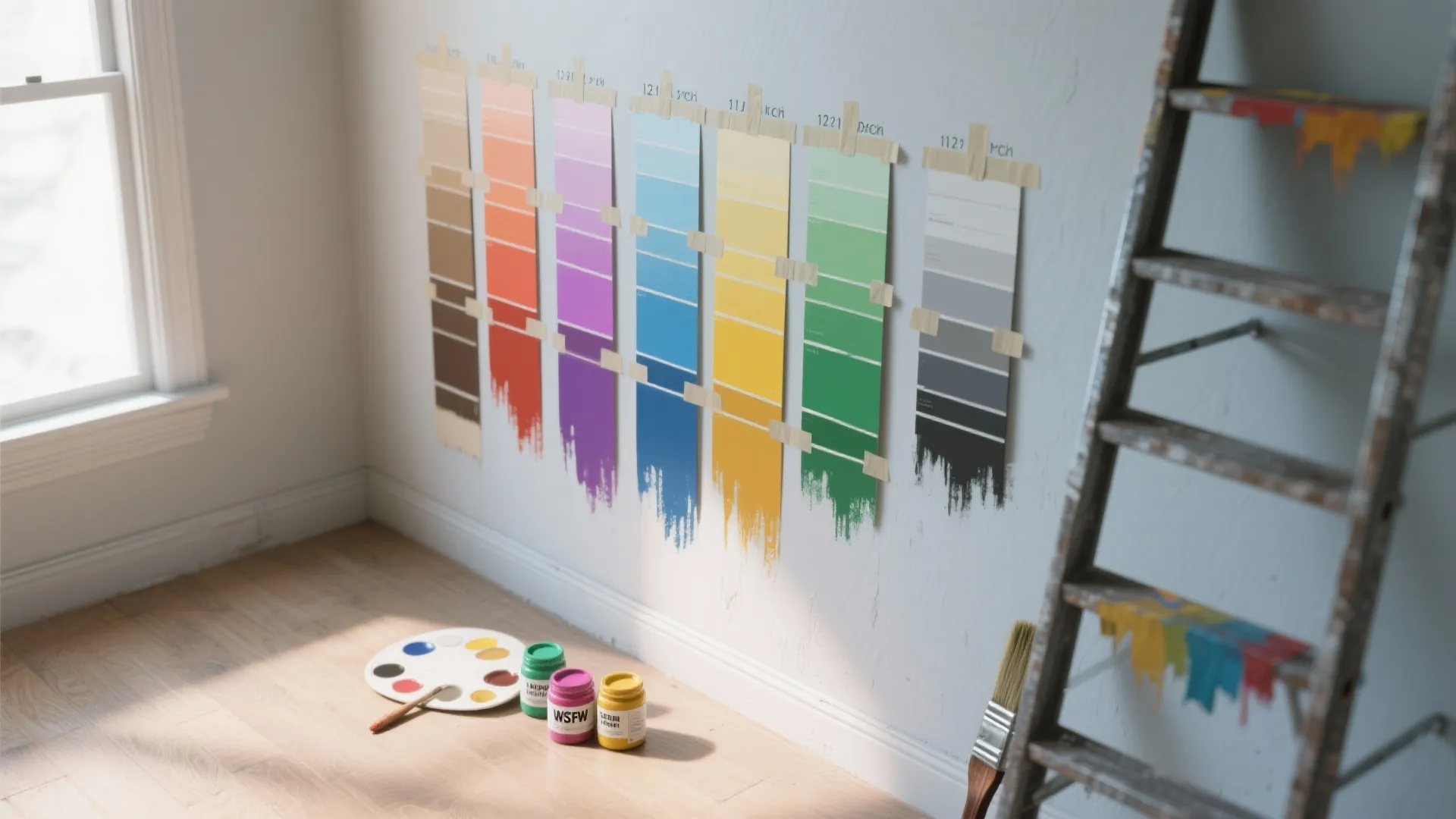 Colorful paint swatches taped on wall with palette paint jars brush and a wooden ladder